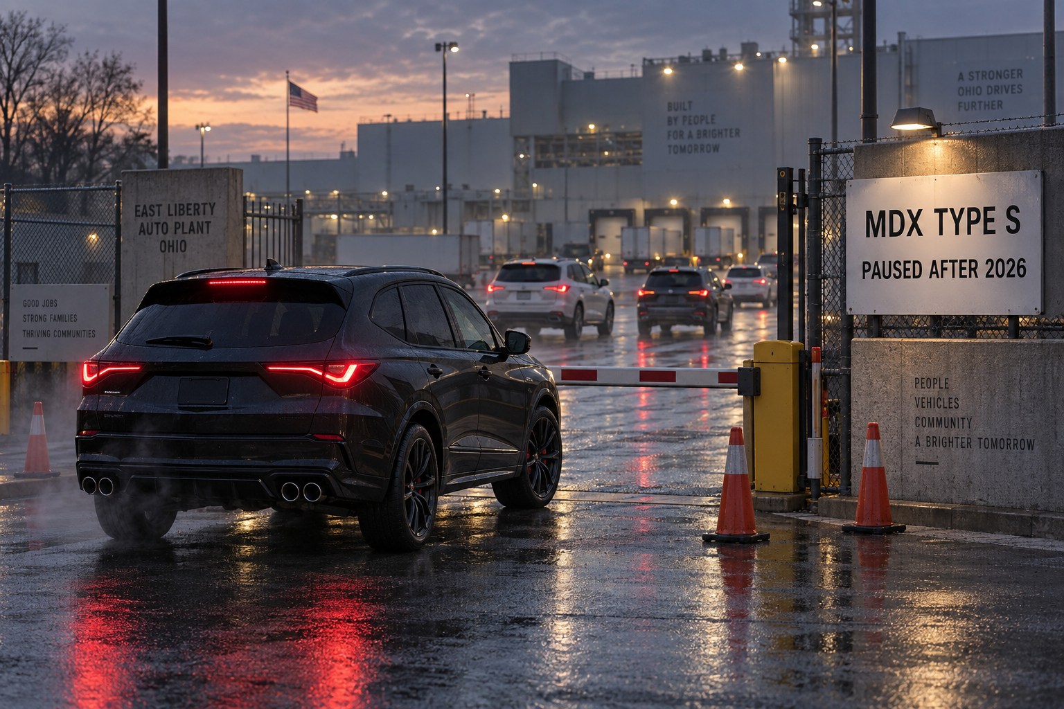 Спортивный MDX Type S стоит у опущенного шлагбаума East Liberty Plant с табличкой “PAUSED AFTER 2026”, пока обычные семейные SUV проезжают мимо.