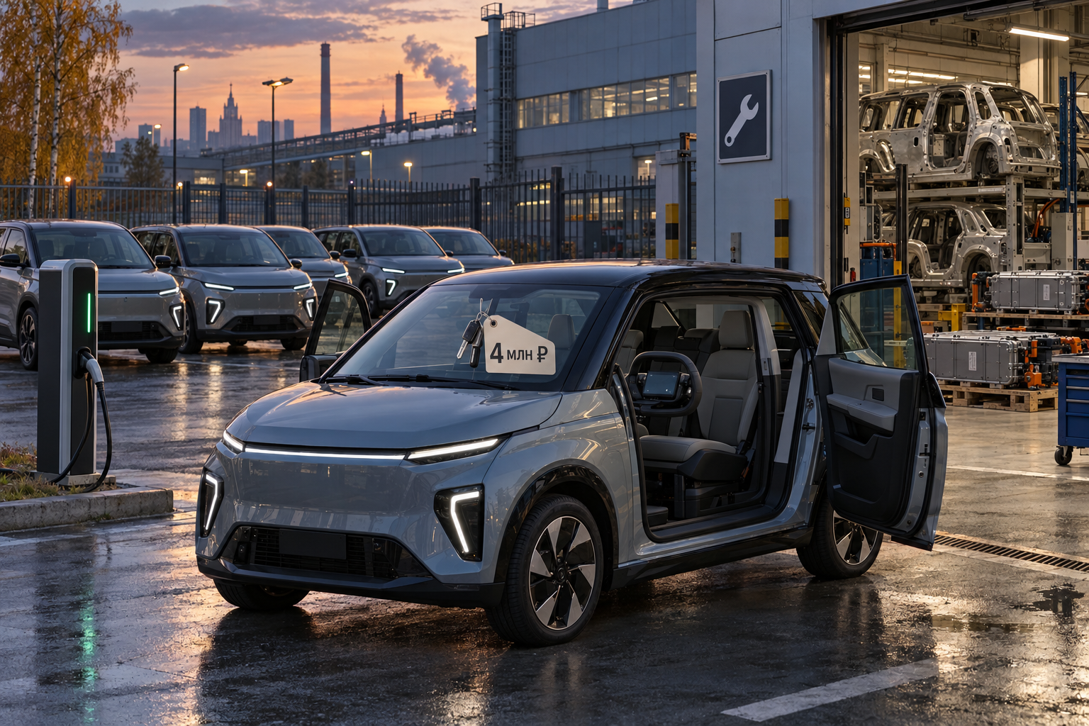 Atom EVs wait in a sparse Moskvich factory delivery lot with open pillarless doors, visible service and battery cues, and a 4 млн ₽ price tag dominating the foreground.