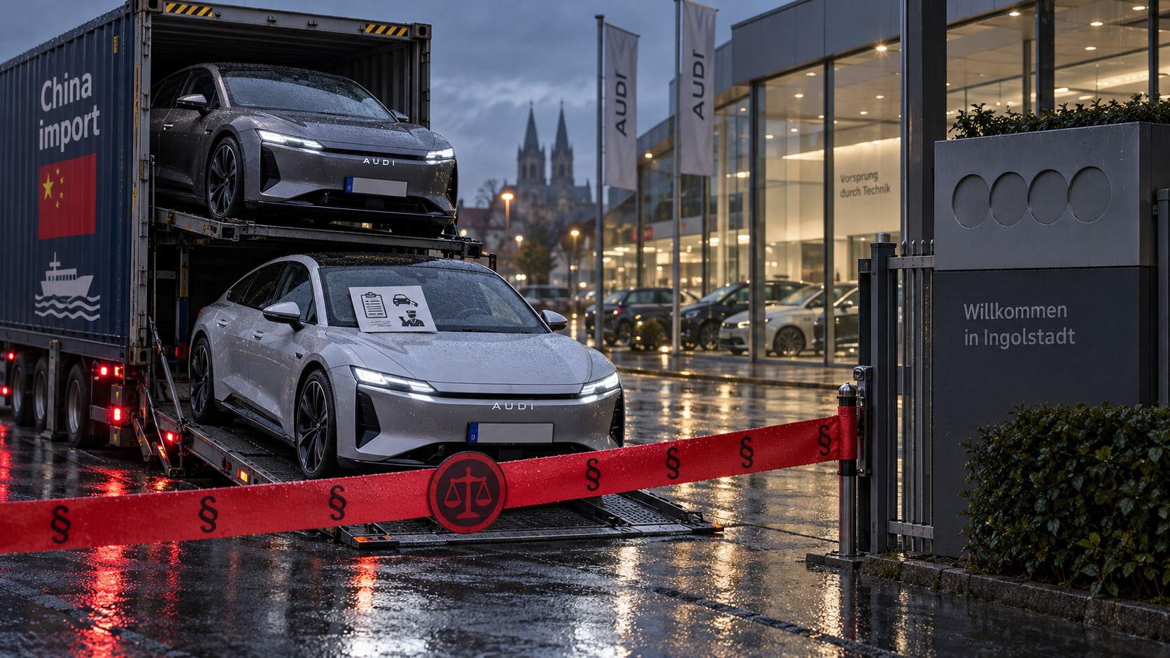 Chinese-market Audi-made electric cars without the four rings are unloaded at a German dealership gate but stopped by red legal injunction tape.