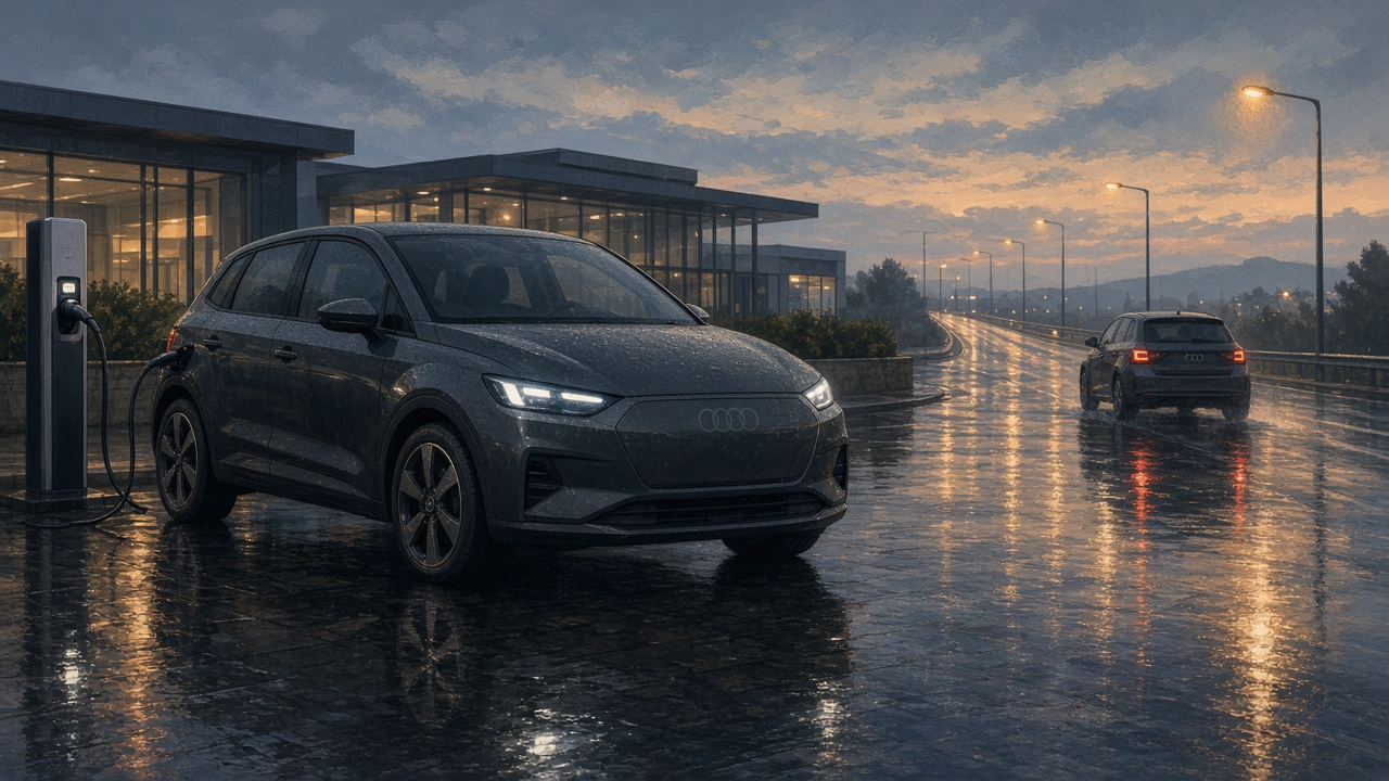 Компактный электрический хэтчбек в духе Audi A2 на мокрой британской площадке дилера: один стоит у зарядки, второй уходит по шоссе — базовая версия против «дальнобойной».