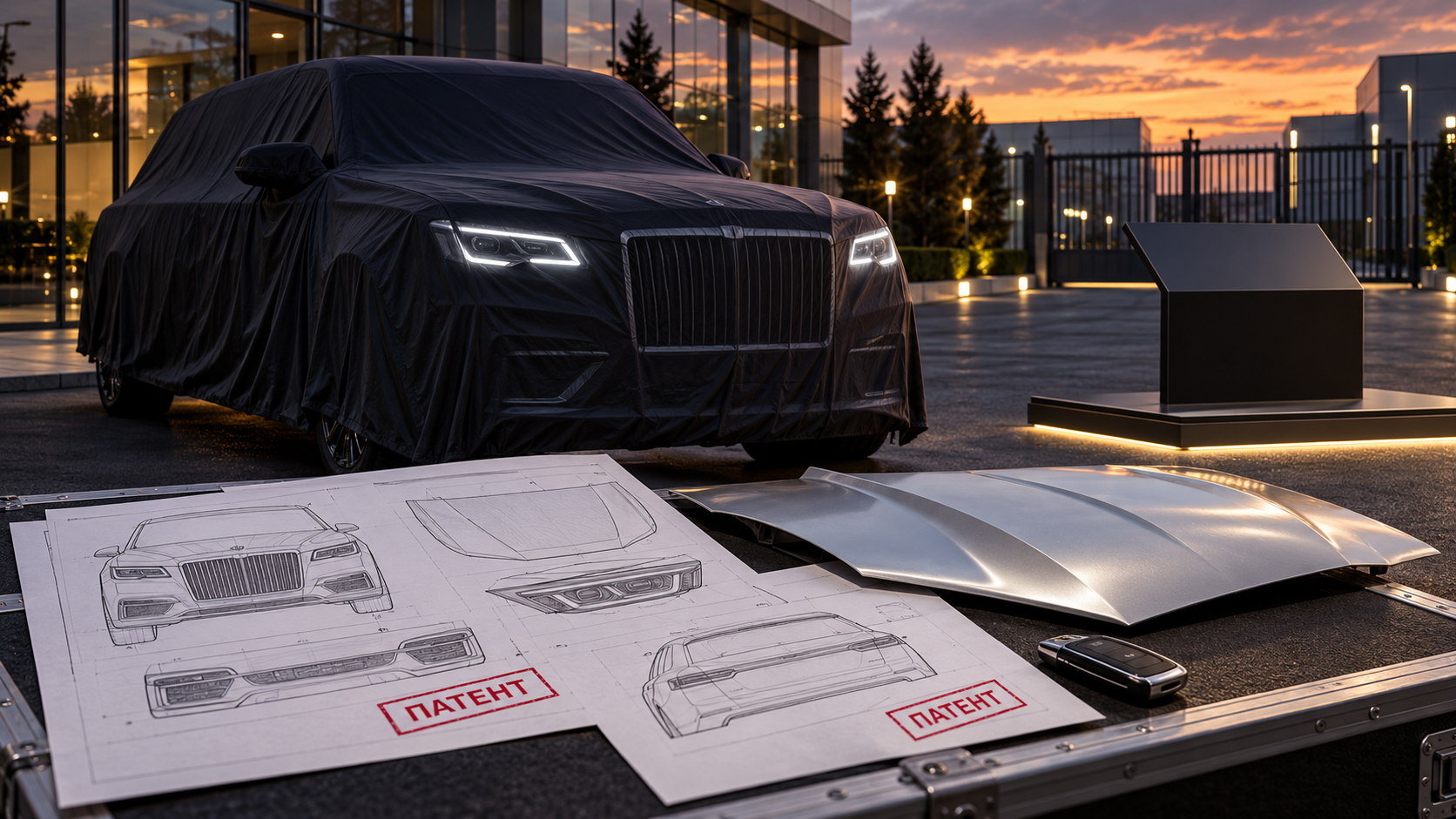 A covered luxury SUV waits by a closed dealership gate while patent sheets for its redesigned face and an aluminum hood sample reveal the update before any public premiere.