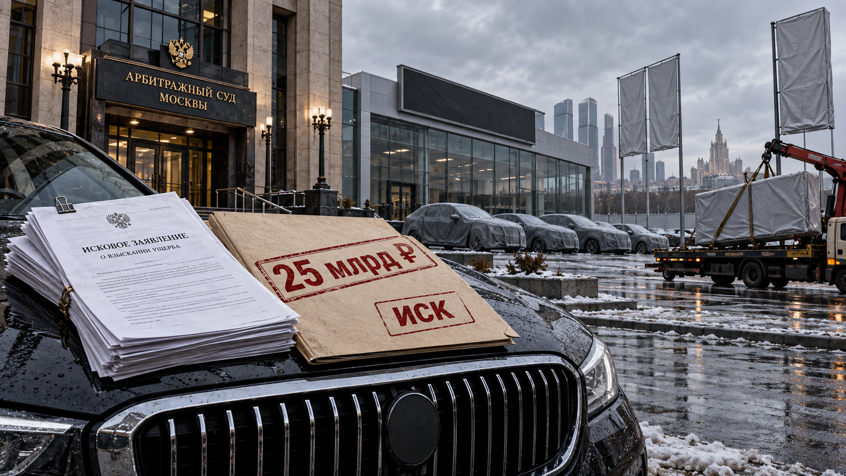 Судебная папка с отметкой «25 млрд ₽» лежит на капоте безымянного немецкого седана перед пустым дилерским центром и входом в Арбитражный суд Москвы.