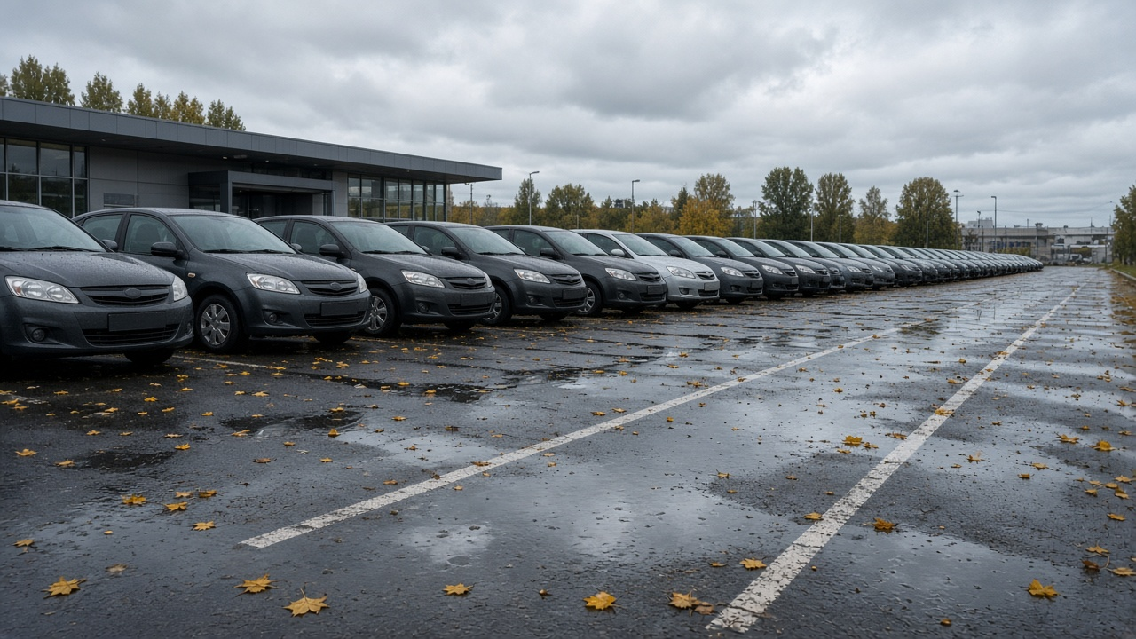 A long dealership lot packed with new passenger cars stretches into the distance, while two empty bays in the wet August foreground mark where sales have suddenly slowed.