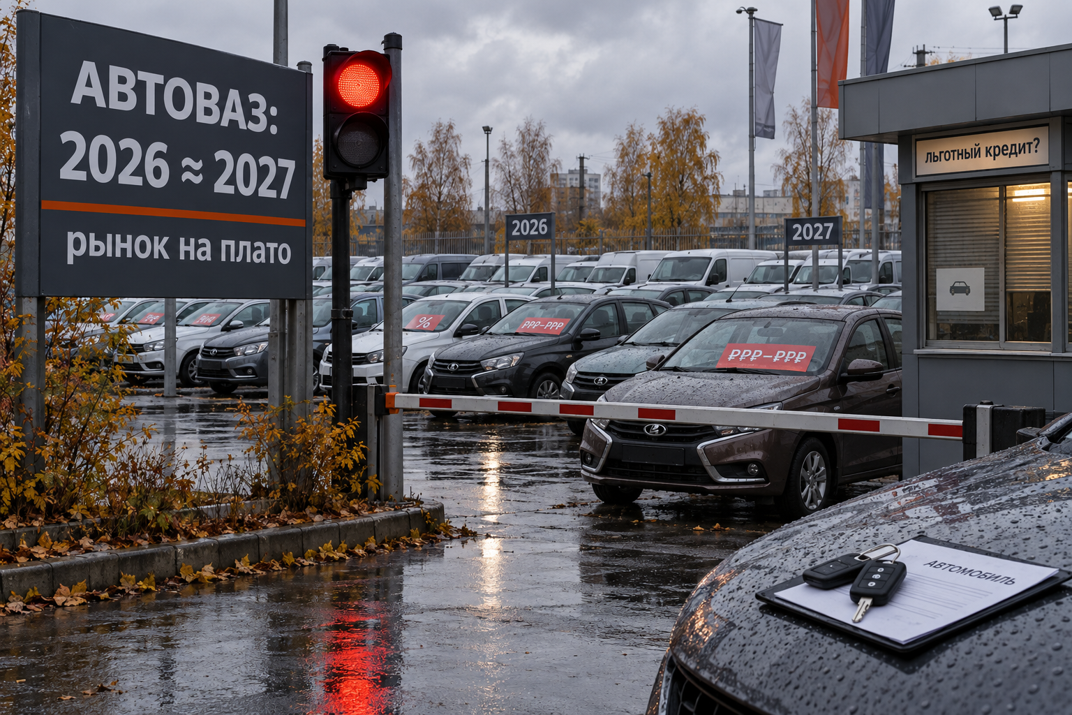 Дилерская площадка Lada стоит на мокром асфальте под красным светофором, с табличкой «АВТОВАЗ: 2026 ≈ 2027» и закрытым окном льготного кредита.