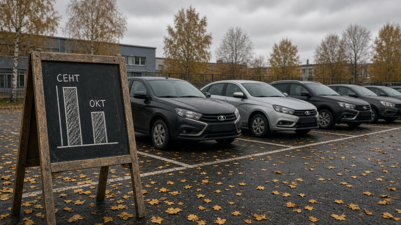 На осенней стоянке дилера Lada мелом на штативе нарисованы два столбика — «СЕНТ» выше «ОКТ», намёк на ожидаемый спад продаж после рекордного сентября.