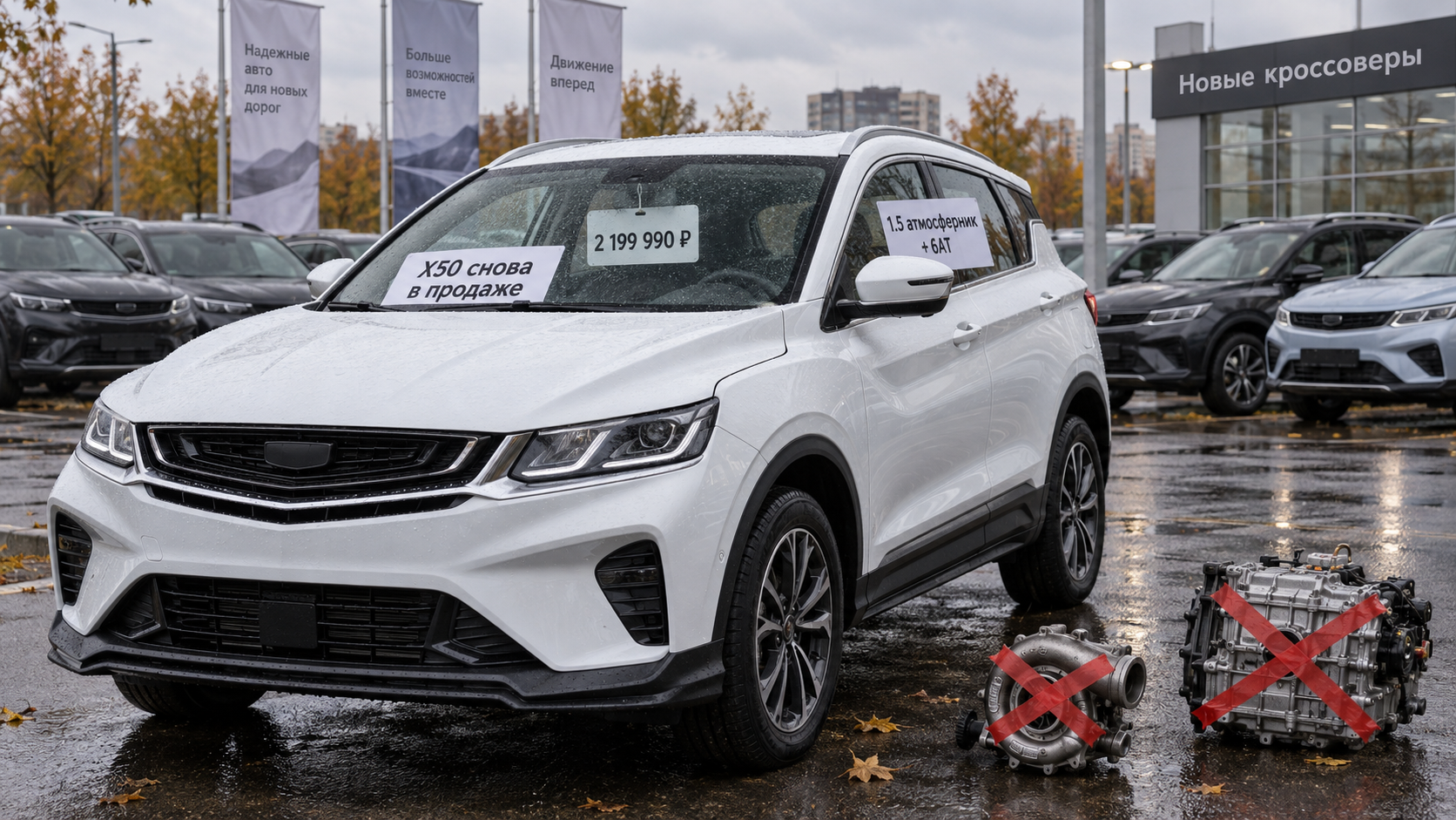 Белый X50 на мокрой дилерской площадке с ценником 2 199 990 ₽ и зачёркнутыми турбиной и роботом рядом показывает возвращение модели как бюджетного атмосферного кроссовера с классич