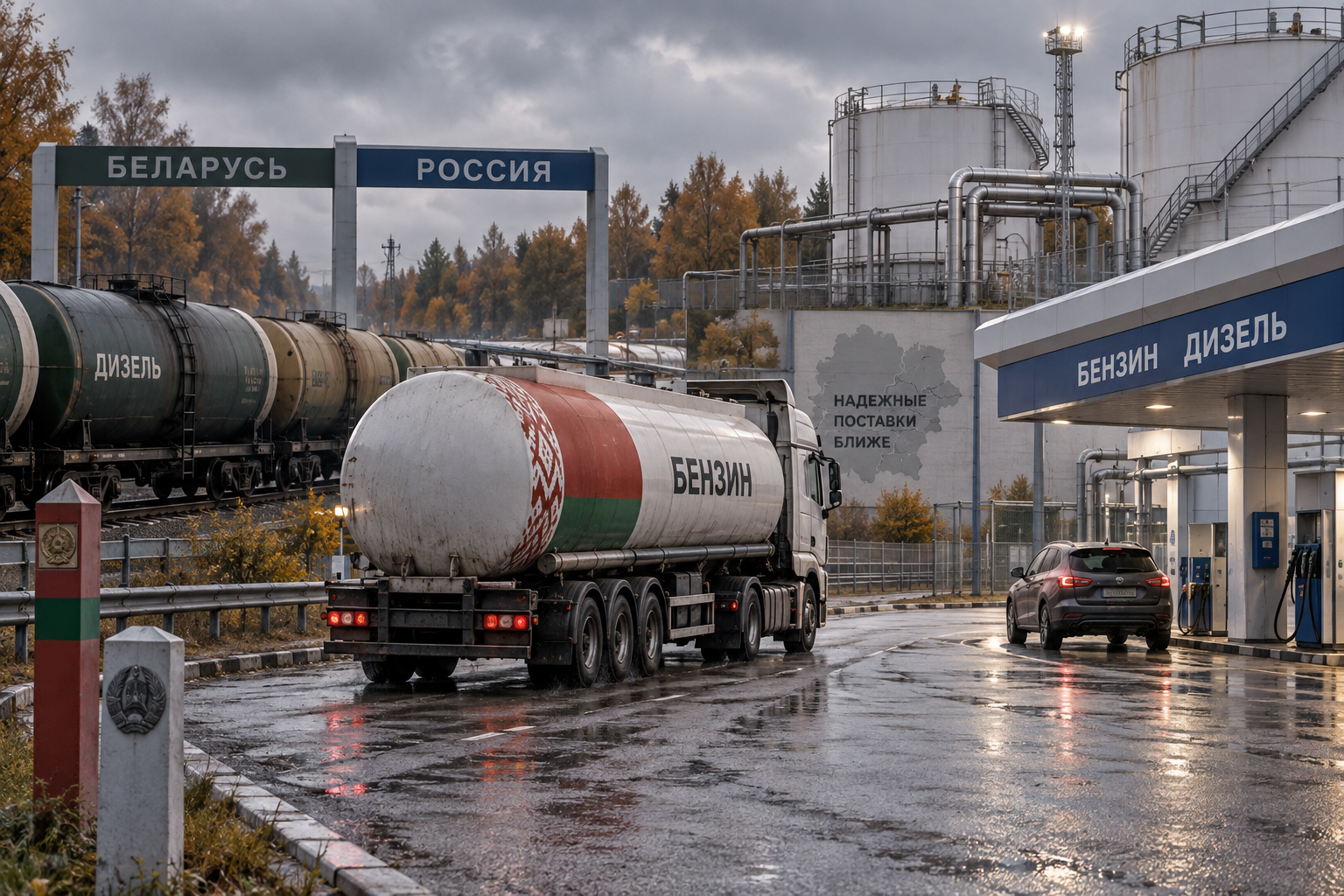 Belarusian fuel tankers and rail cars feed a Russian gas station’s storage tanks at a wet border-side fuel depot, making the resumed cross-border gasoline flow visible without rely