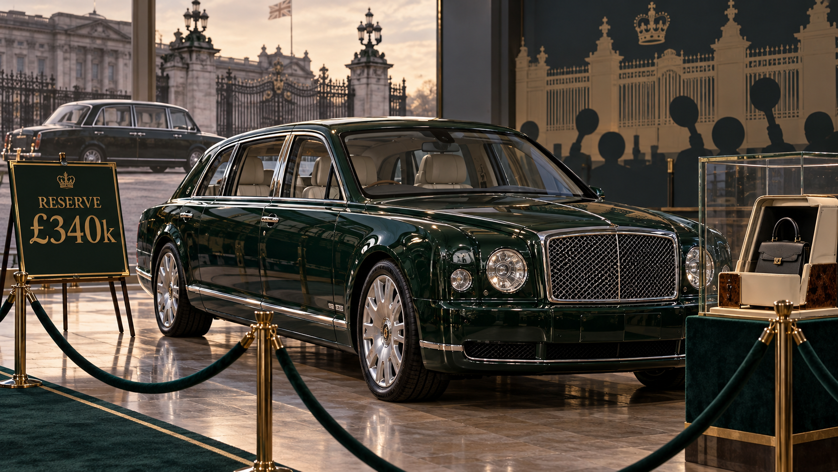 A dark green ex-royal Bentley Mulsanne sits in an empty auction showroom behind velvet ropes with a £340k reserve placard and subtle palace-provenance details.