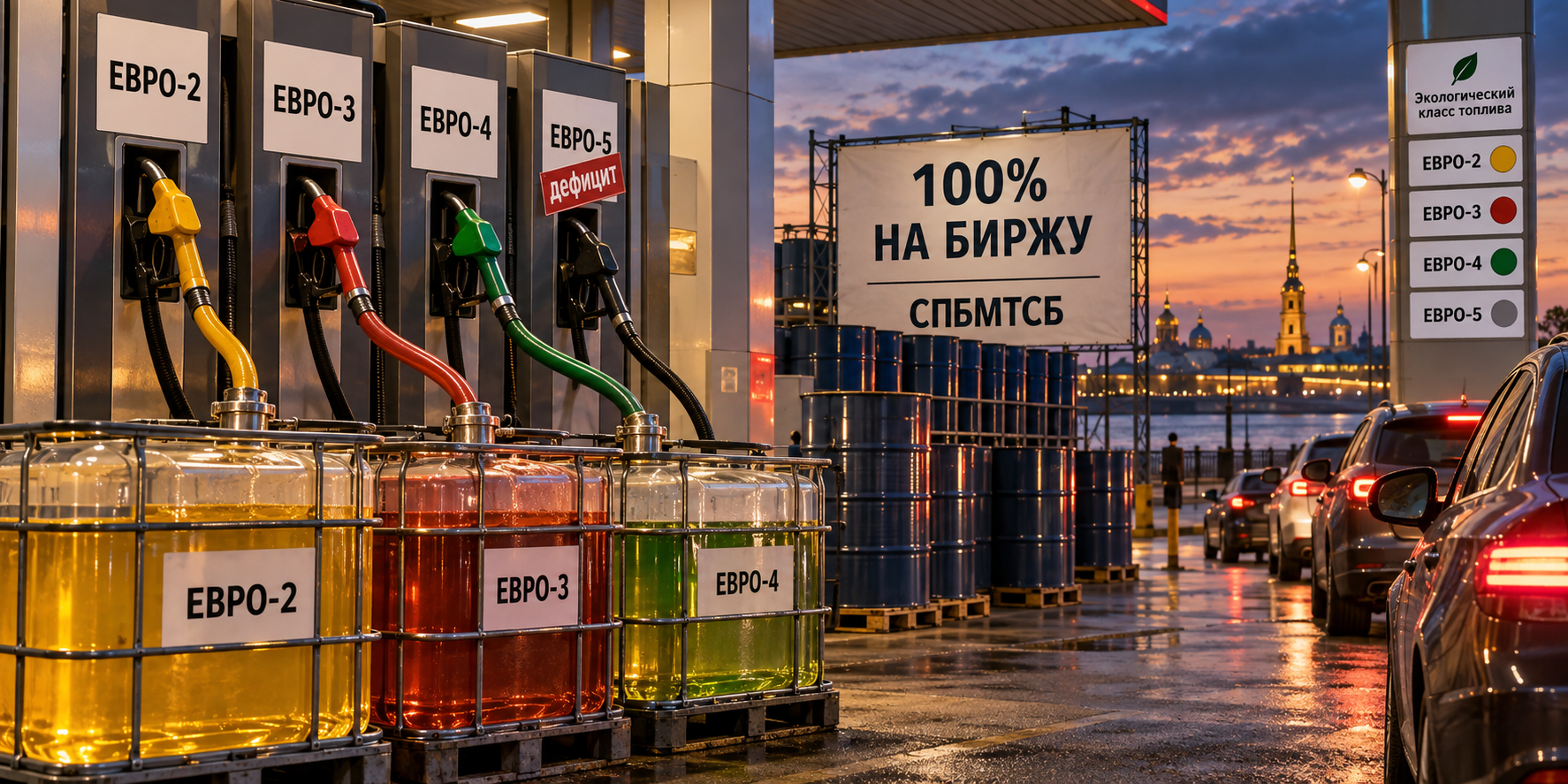 На пустой АЗС канистры и таблички «ЕВРО-2/3/4» уходят в поток «100% НА БИРЖУ», а «ЕВРО-5» помечен как дефицитный.