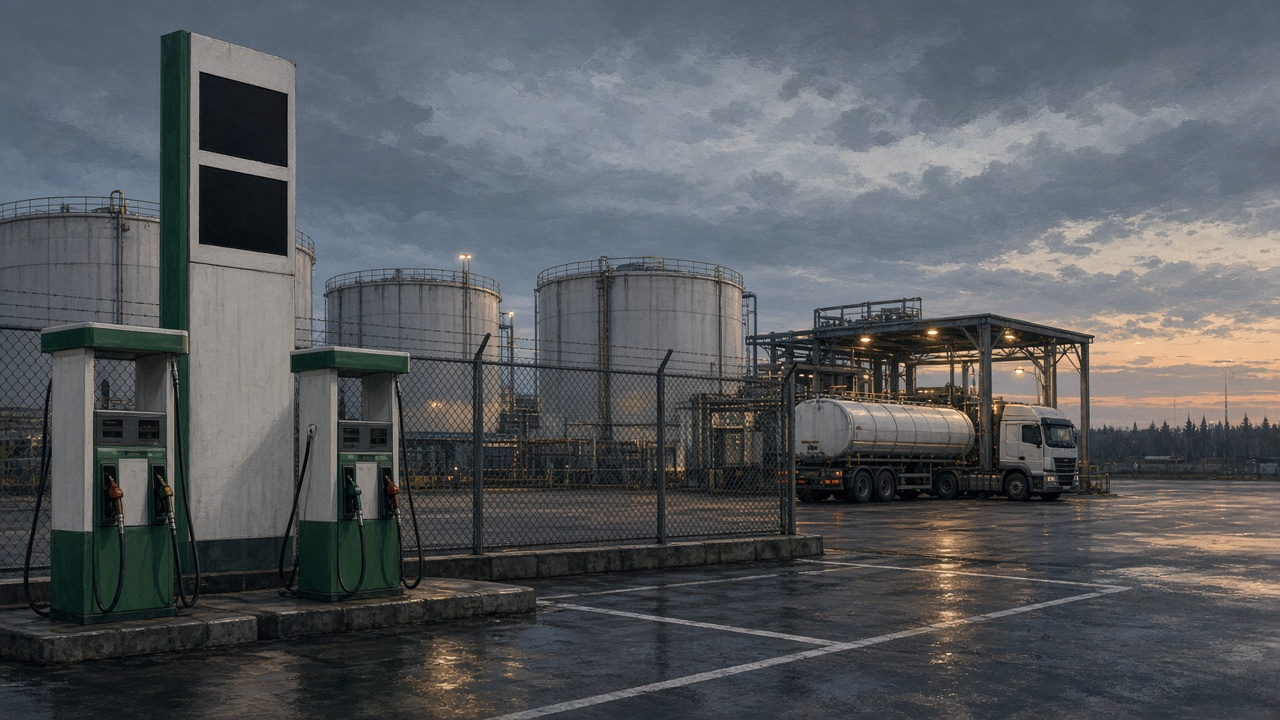 За забором АЗС — нефтебаза с резервуарами и бензовозом: биржевой опт подешевел, а розничная стела на заправке осталась прежней.