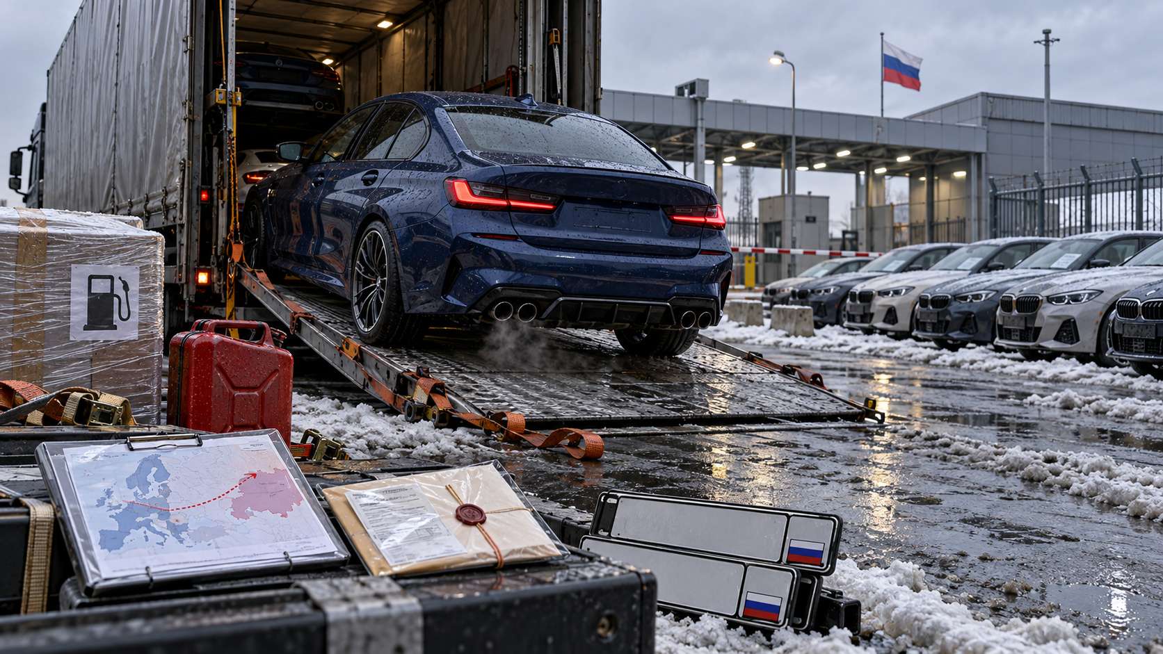 Новый бензиновый седан в духе 3 Series съезжает с автовоза на российской таможенной площадке среди транзитных бумаг, ремней доставки и зимней слякоти, подчёркивая историю про приво
