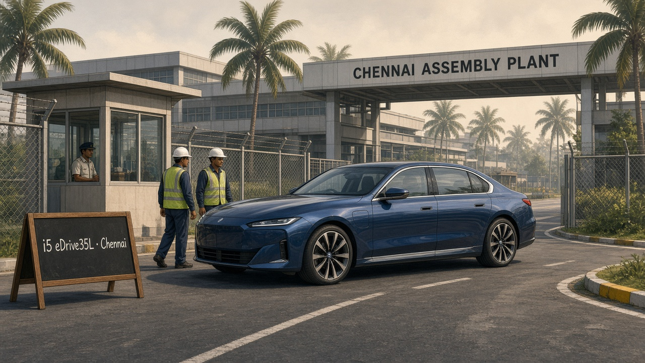 A long-wheelbase electric sedan rolls out through the Chennai factory gate beside an "i5 eDrive35L · Chennai" sign, marking India's first locally assembled BMW electric sedan.