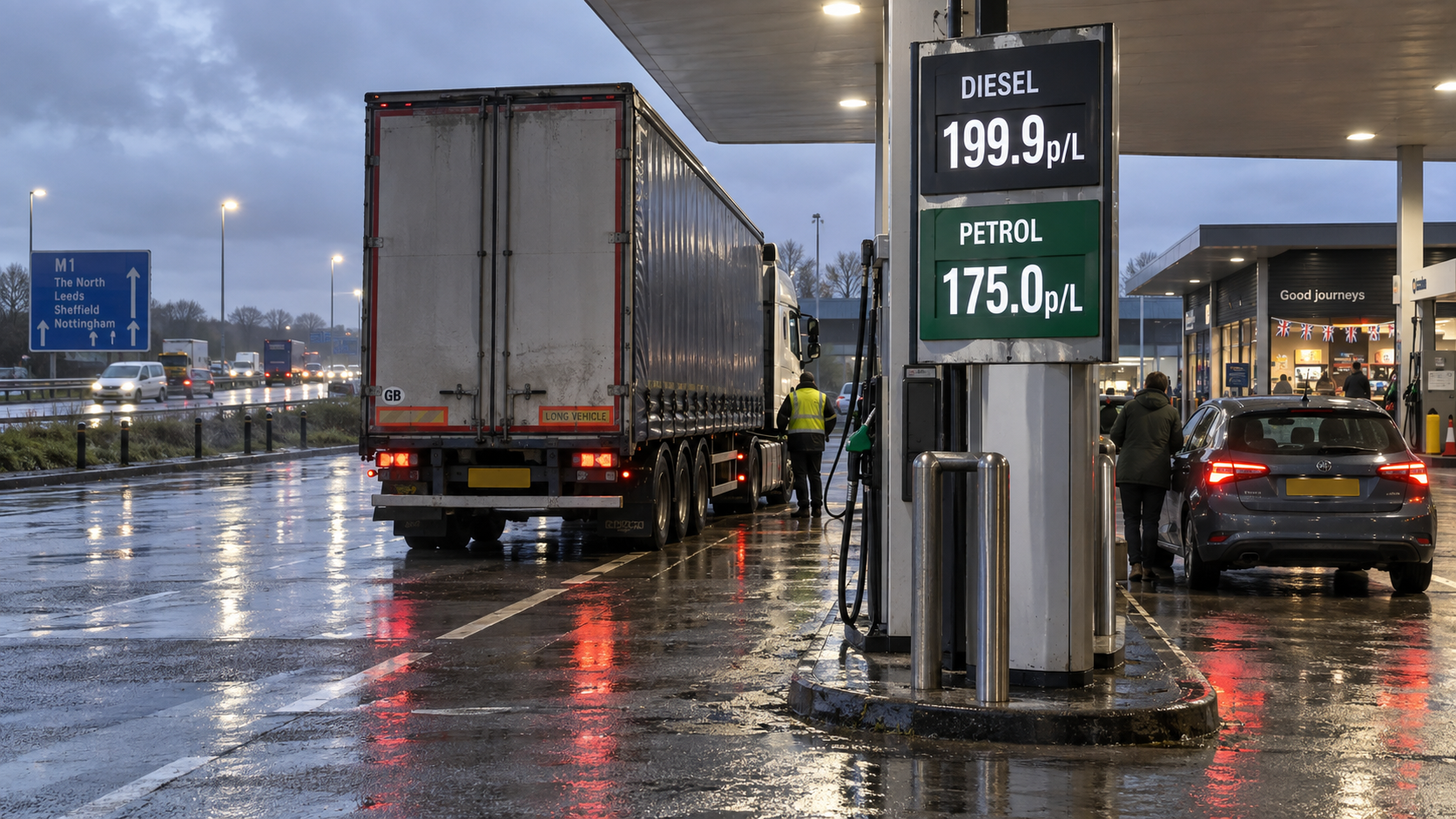 A rain-soaked British service-station forecourt shows diesel at 199.9p/L beside a waiting 40-ton lorry and a petrol price board, making the near-£2 fuel shock visible without the h