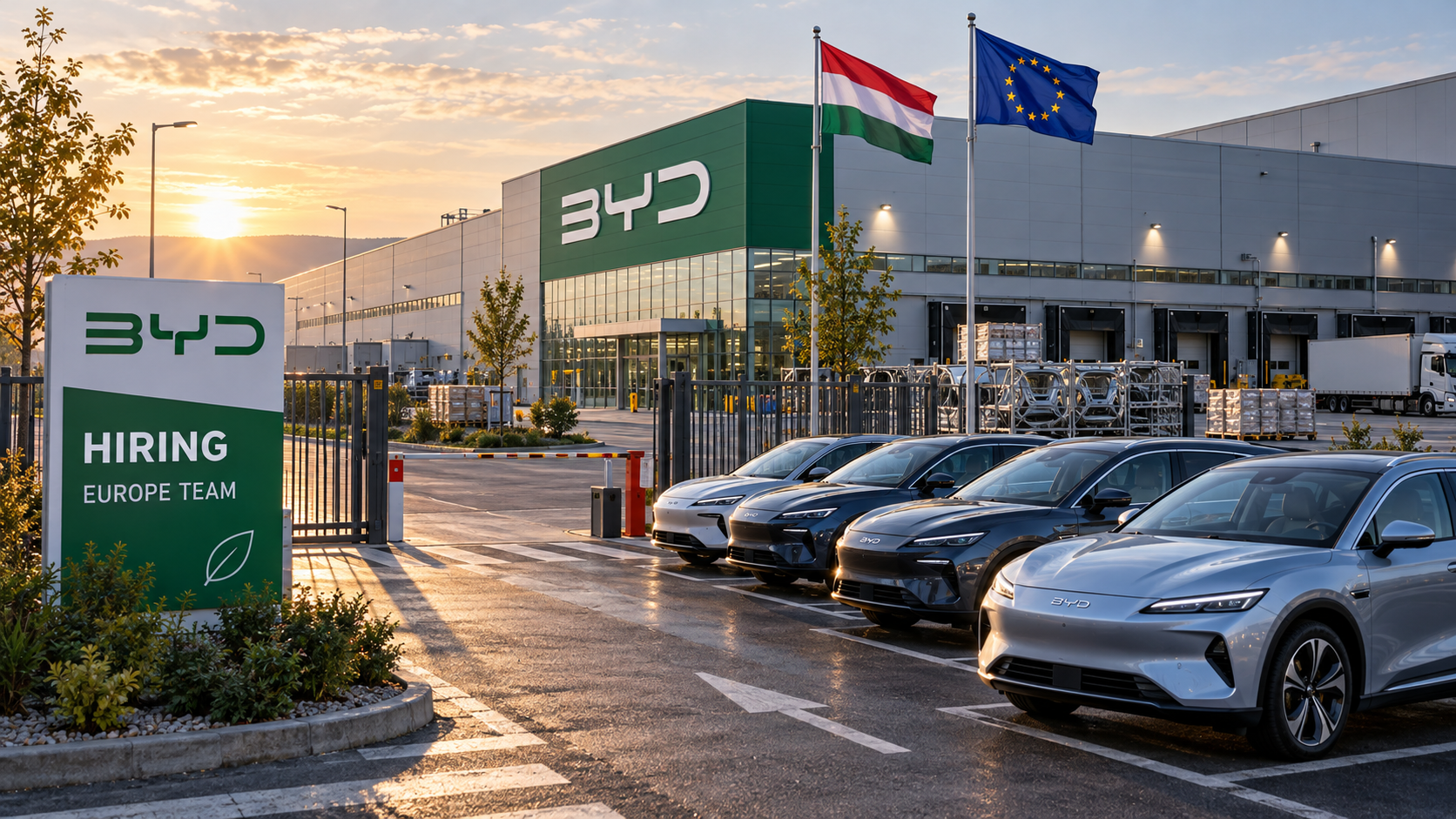 Заводские ворота BYD в Венгрии с флагами ЕС и Венгрии, рядом готовые электромобили и доска найма показывают переход марки от импорта к европейскому производству.