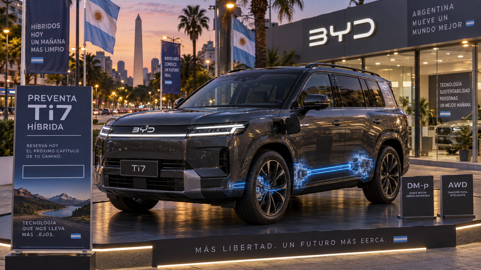 Argentine dealership lot at dusk with a Ti7 hybrid SUV on pre-order, DM-p/AWD cues, and a blank price placard emphasizing confirmed launch details but missing pricing.