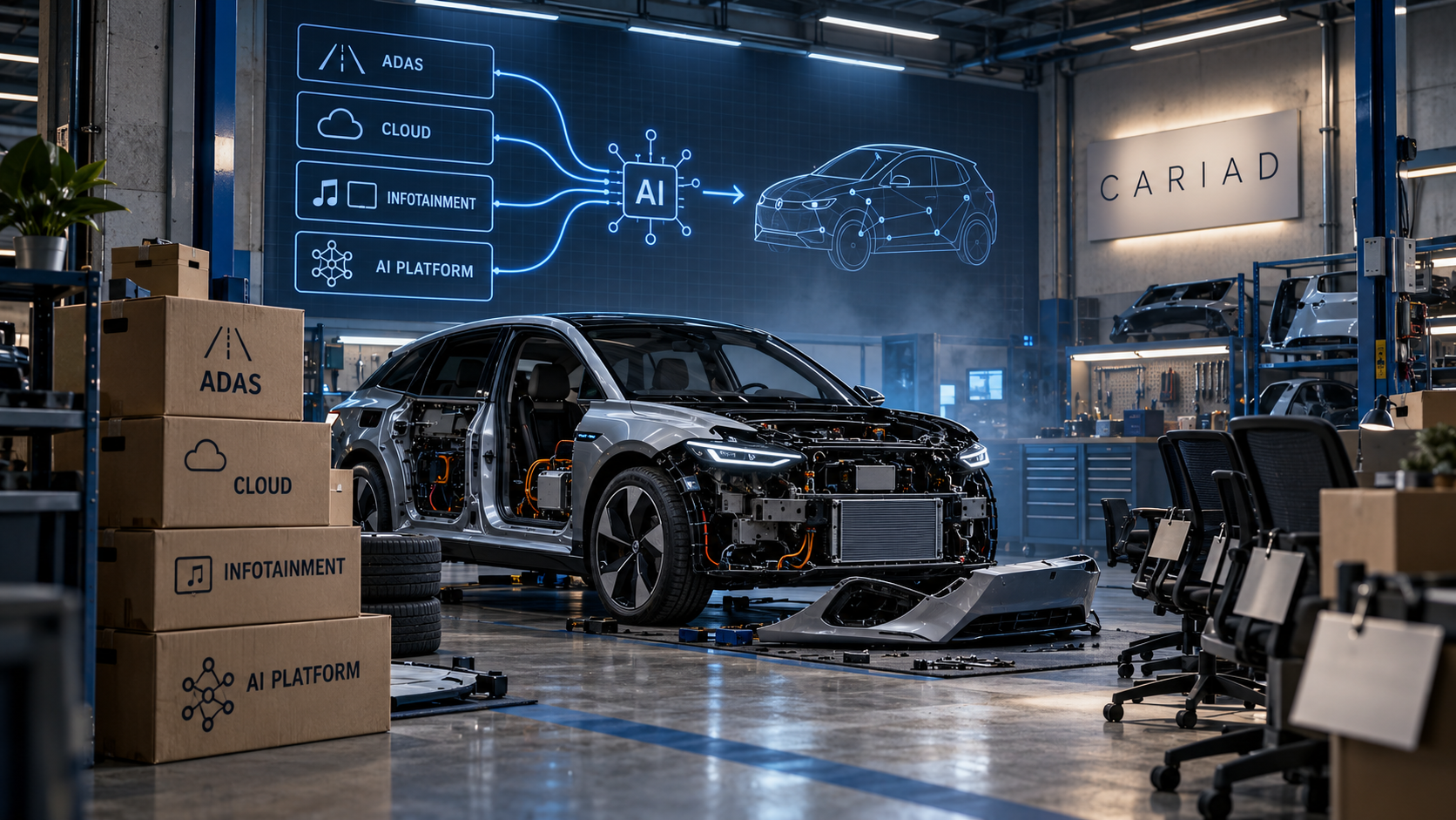 Пустой сервисный бокс CARIAD с разобранным электромобилем, коробками ADAS/CLOUD/INFOTAINMENT/AI PLATFORM и сдвинутыми пустыми креслами показывает перестройку софта Volkswagen вокру