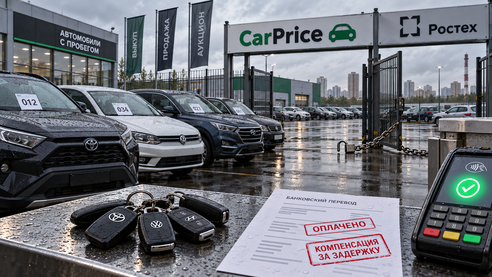 Мокрая площадка выкупа подержанных машин с табличкой CarPrice, открытой цепью у ворот, ключами и квитанцией «ОПЛАЧЕНО» показывает, что расчёты после передачи Ростеху снова пошли.