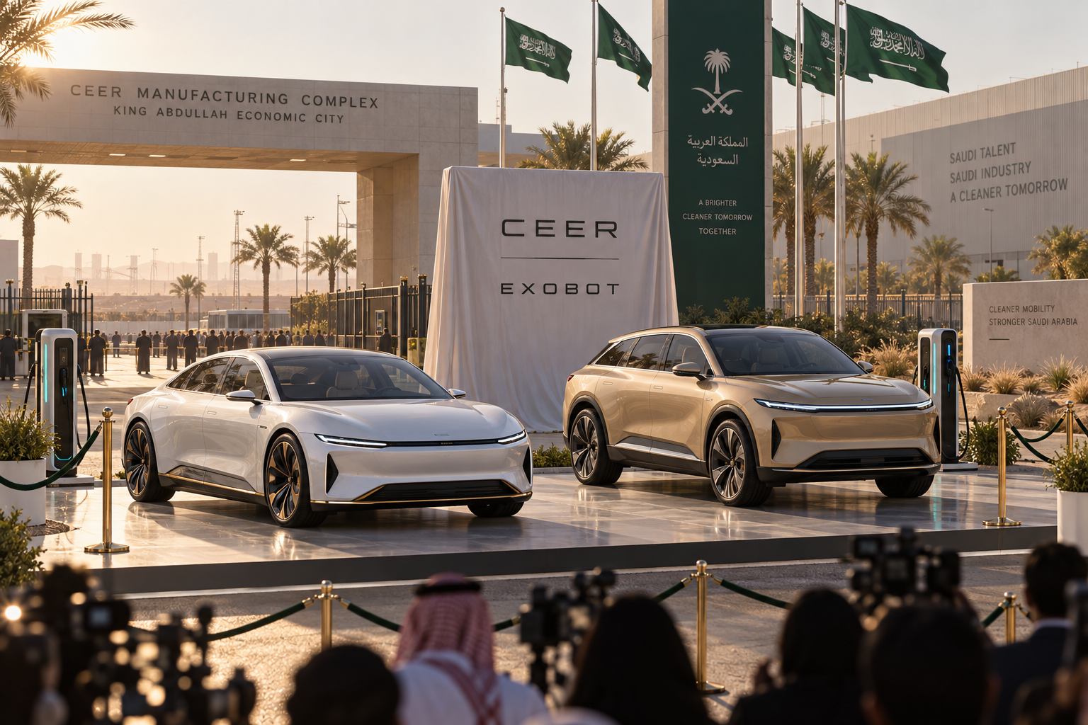 Саудовский заводской двор CEER с живым показом седана и SUV EXOBOT у зарядных стоек показывает, что национальный EV-проект перешёл от тизеров к реальным машинам.