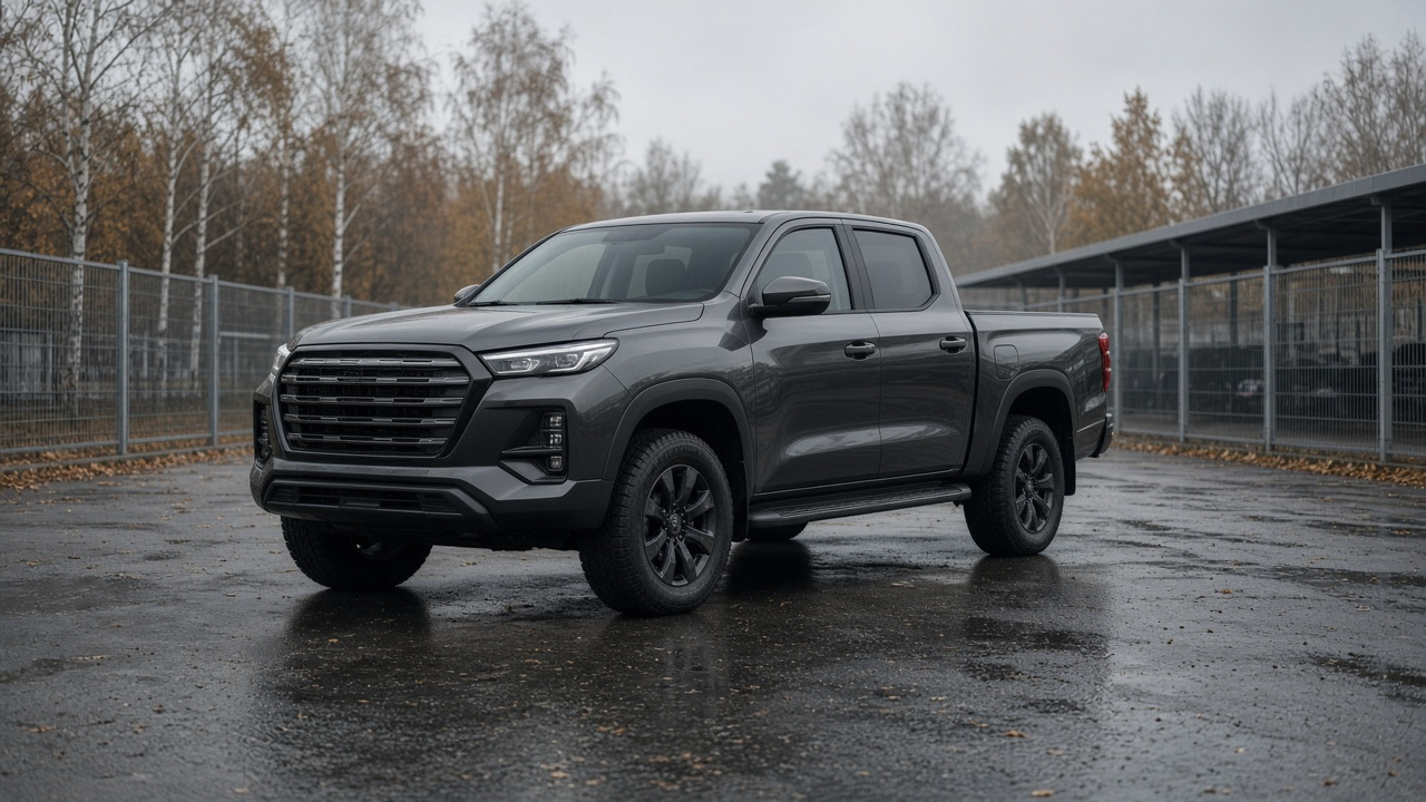 Серый Changan Hunter Plus стоит на пустой дилерской площадке под осенним небом — рабочий дизельный пикап, готовый к российским продажам.