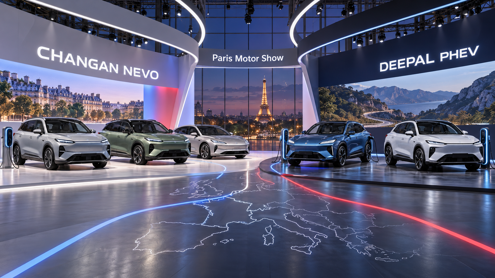 Пустой стенд Paris Motor Show с линейкой CHANGAN NEVO рядом с гибридными Deepal PHEV и европейскими дорожными линиями на полу.