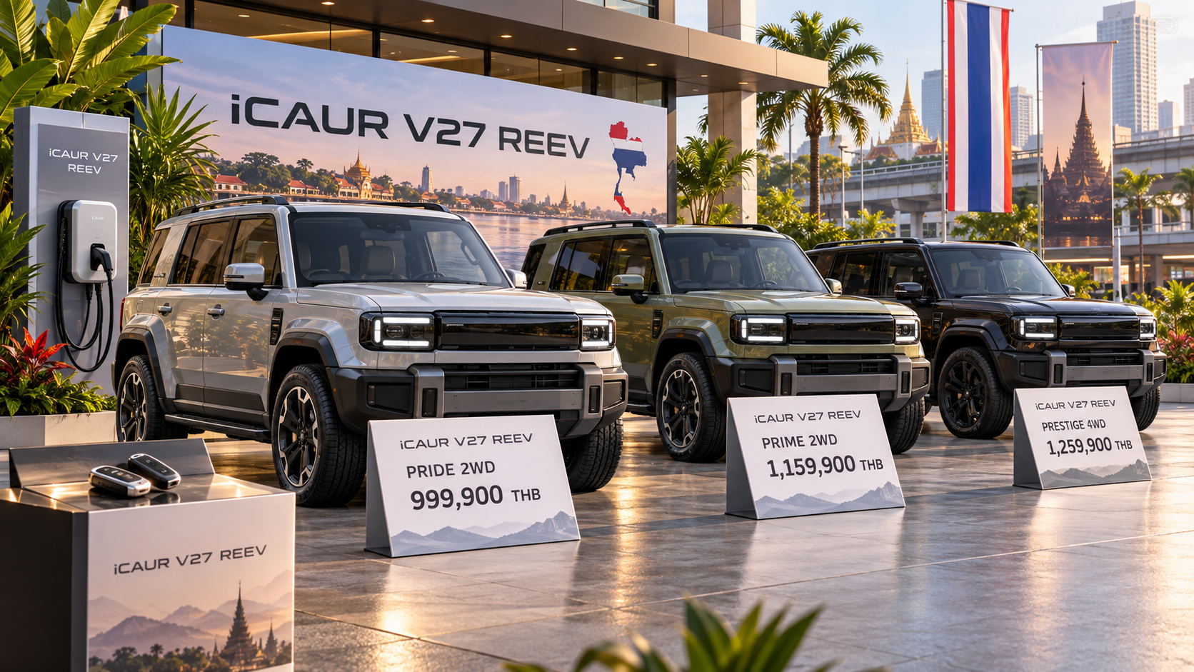 Три квадратных V27-style REEV SUV выстроены у тайского дилерского входа с табличками PRIDE, PRIME и PRESTIGE и ценой старта 999,900 THB.