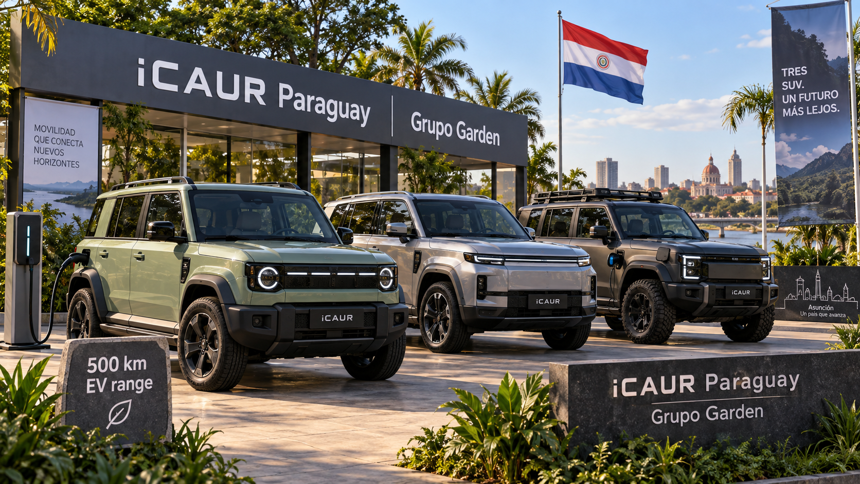 Three electrified iCAUR SUVs line up at a Grupo Garden launch forecourt in Asunción with a Paraguay flag, charger cables, and a 500 km EV range placard.