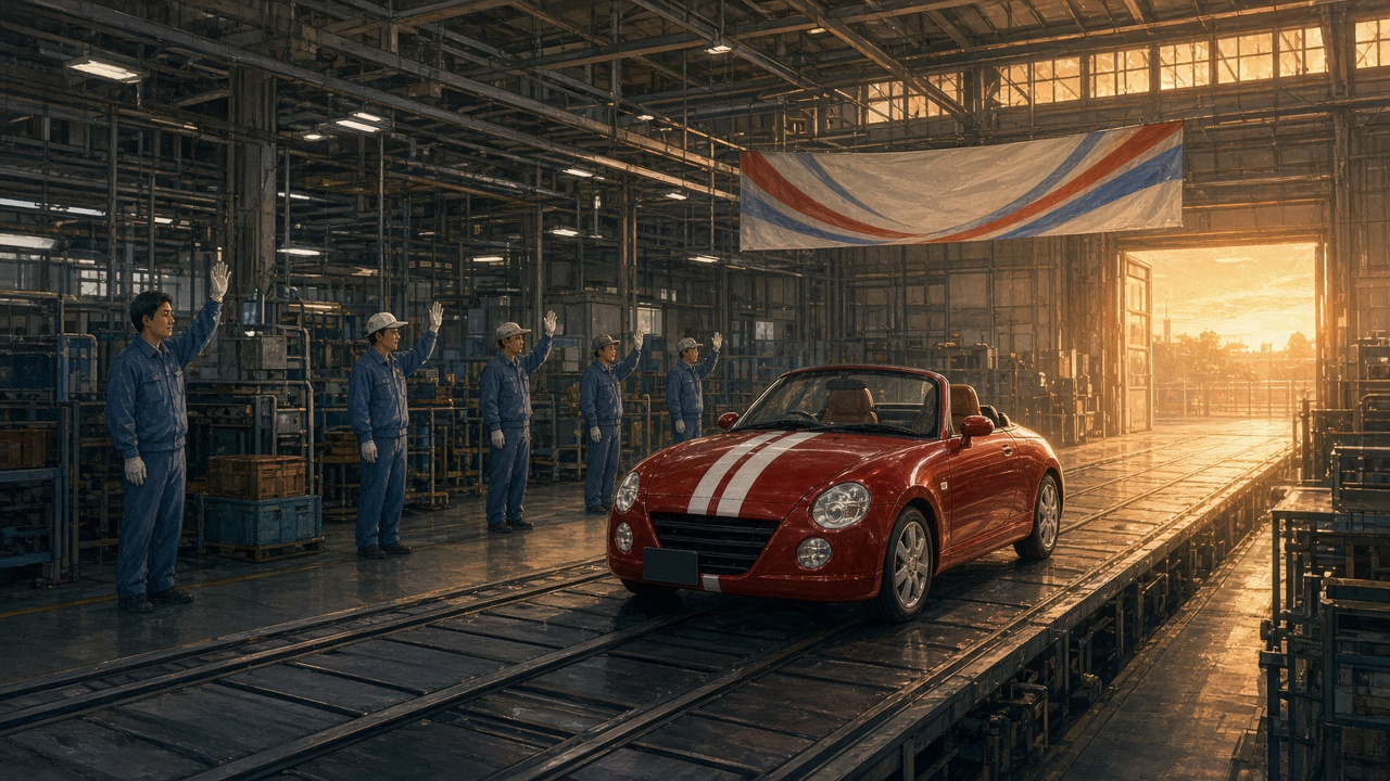 The last red kei-class Copen roadster rolls alone down a dimming factory conveyor while a handful of workers wave goodbye at the end of the line.