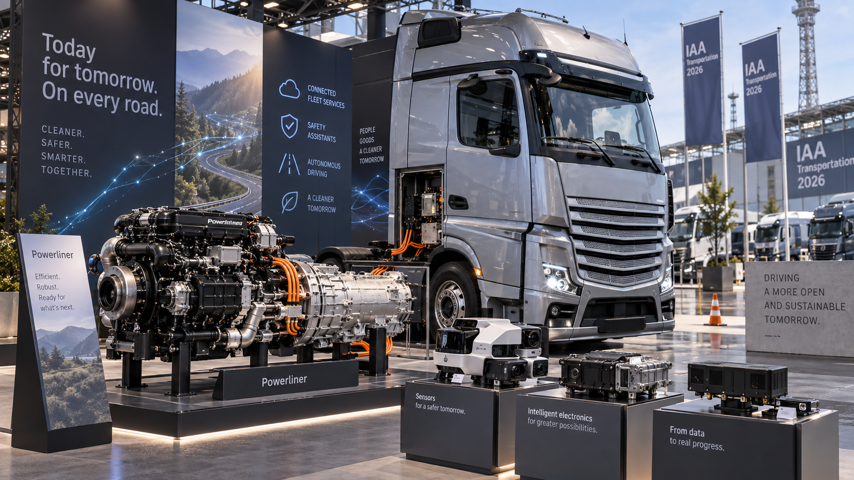 Тяжёлый грузовик на стенде IAA показан рядом с вынесенным модулем Powerliner, дизельной трансмиссией и блоками ADAS/подключённой электроники.