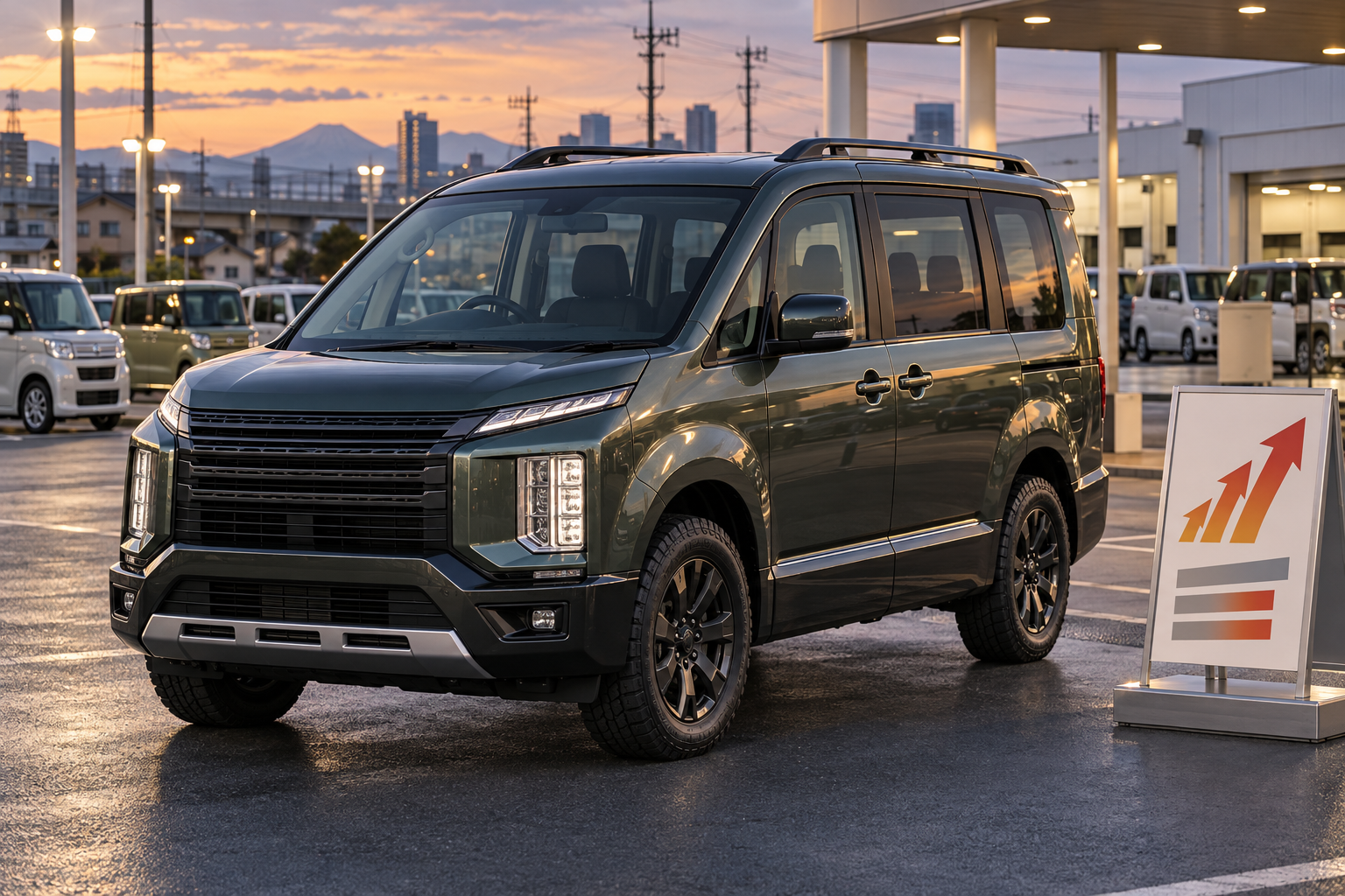 A rugged older Delica-style 4WD minivan stands in a Japanese dealership lot with abstract upward sales markers, tying the image to its renewed half-year sales surge.