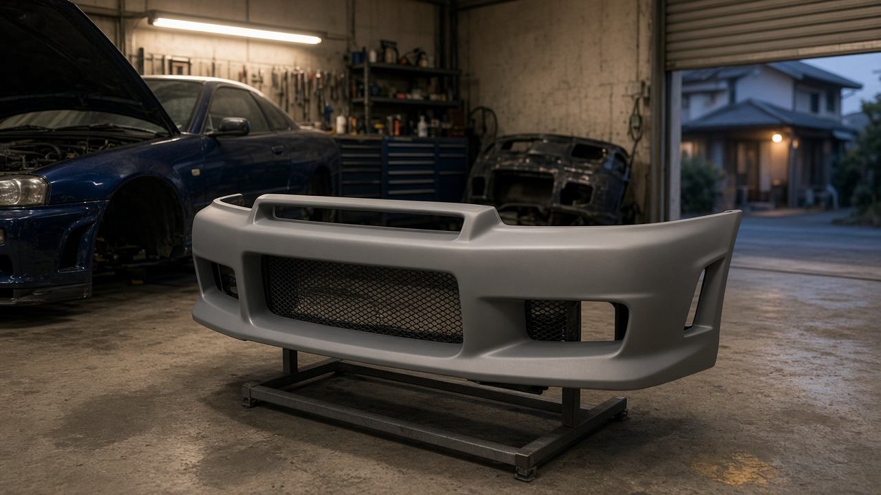 В японском гараже новый передний бампер R34 GT-R с увеличенным воздухозаборником стоит на стойке рядом с машиной, у которой сняли старую деталь.