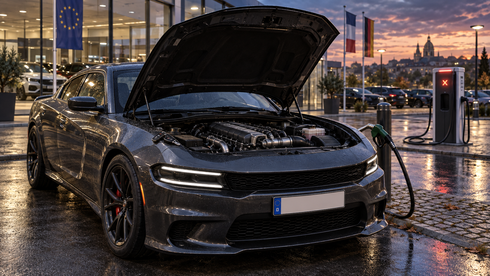 Европейская дилерская площадка с мускулистым Charger-подобным купе, открытым капотом с бензиновой рядной шестёркой и оставленной в стороне зарядной колонкой EV.