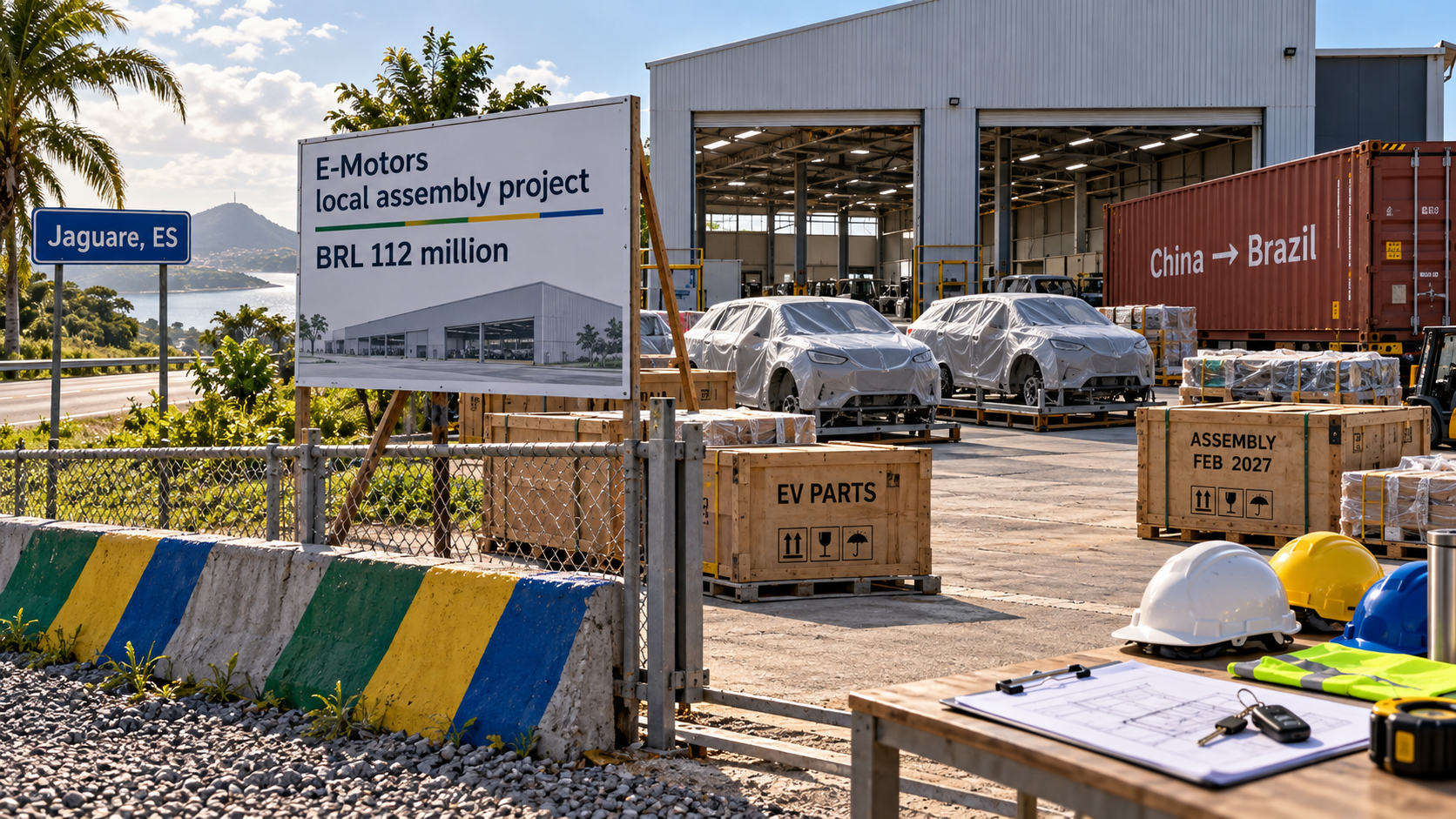 Подготовленная площадка сборки в Жагуаре с контейнером China → Brazil, ящиками EV PARTS и табличкой BRL 112 million / ASSEMBLY FEB 2027 показывает локальный запуск E-Motors/JMEV в