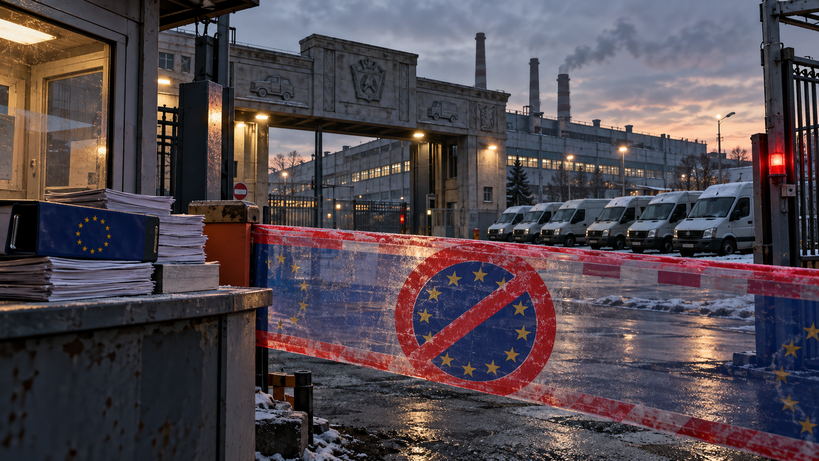 Заводские ворота в Нижнем Новгороде перекрыты символической санкционной лентой ЕС, а рядом стоят безымянные коммерческие фургоны, показывая, что под ограничения попал сам автозавод