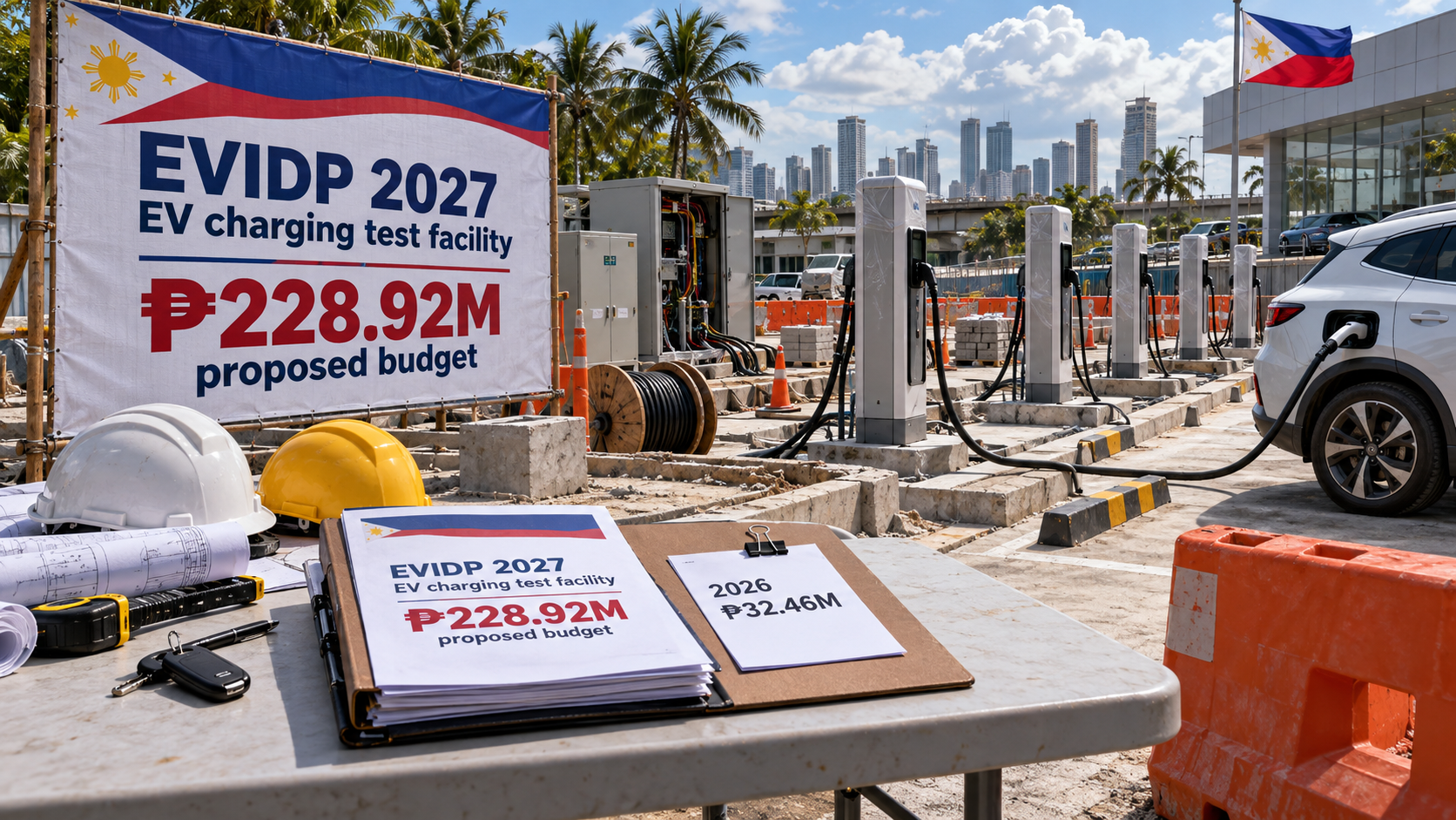 Philippine EV charging test facility construction with proposed ₱228.92M EVIDP budget signage, unfinished chargers, cable reels, and a connected electric car.
