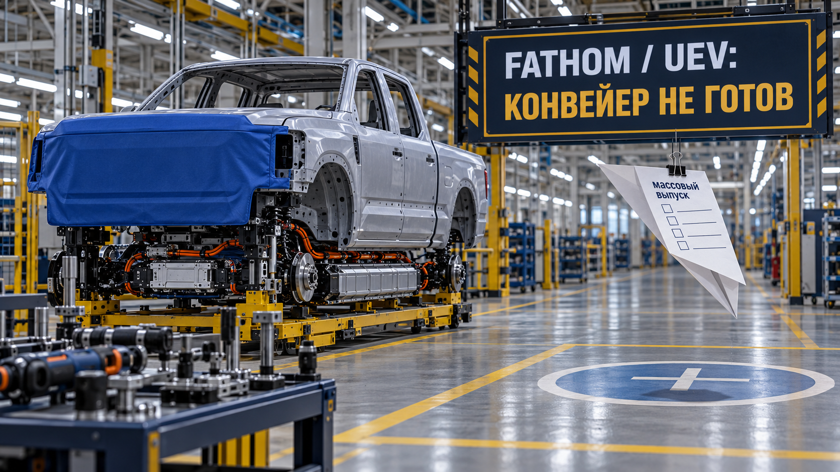 Недостроенный электропикап Fathom стоит на остановленном участке UEV-конвейера с табло «КОНВЕЙЕР НЕ ГОТОВ» и бумажным самолётом-чеклистом массового выпуска.