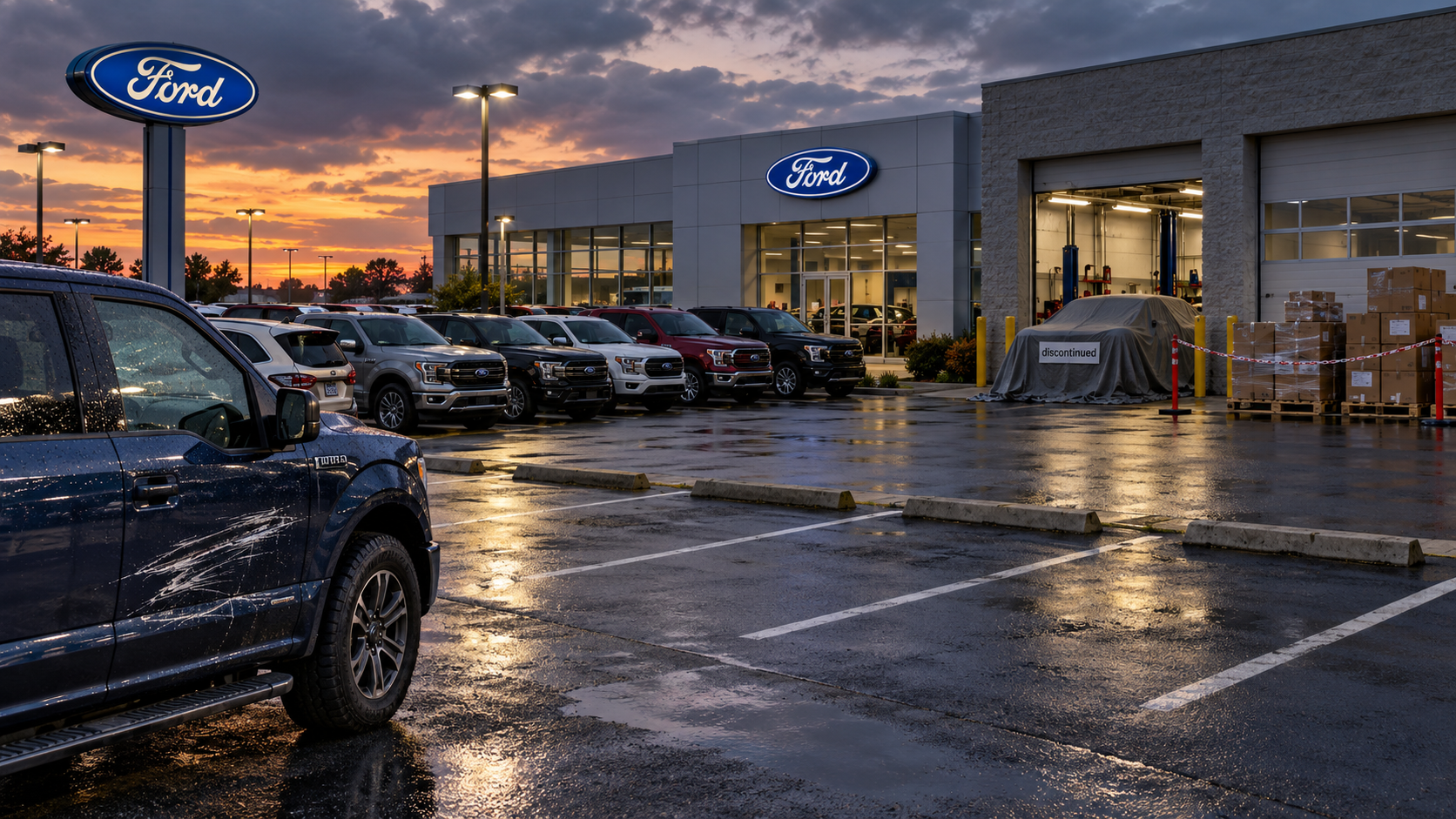 Пустующие места на дилерской площадке Ford, поцарапанная дверь нового автомобиля, закрытая брезентом снятая модель и задержанные коробки запчастей связывают падение продаж с линейк