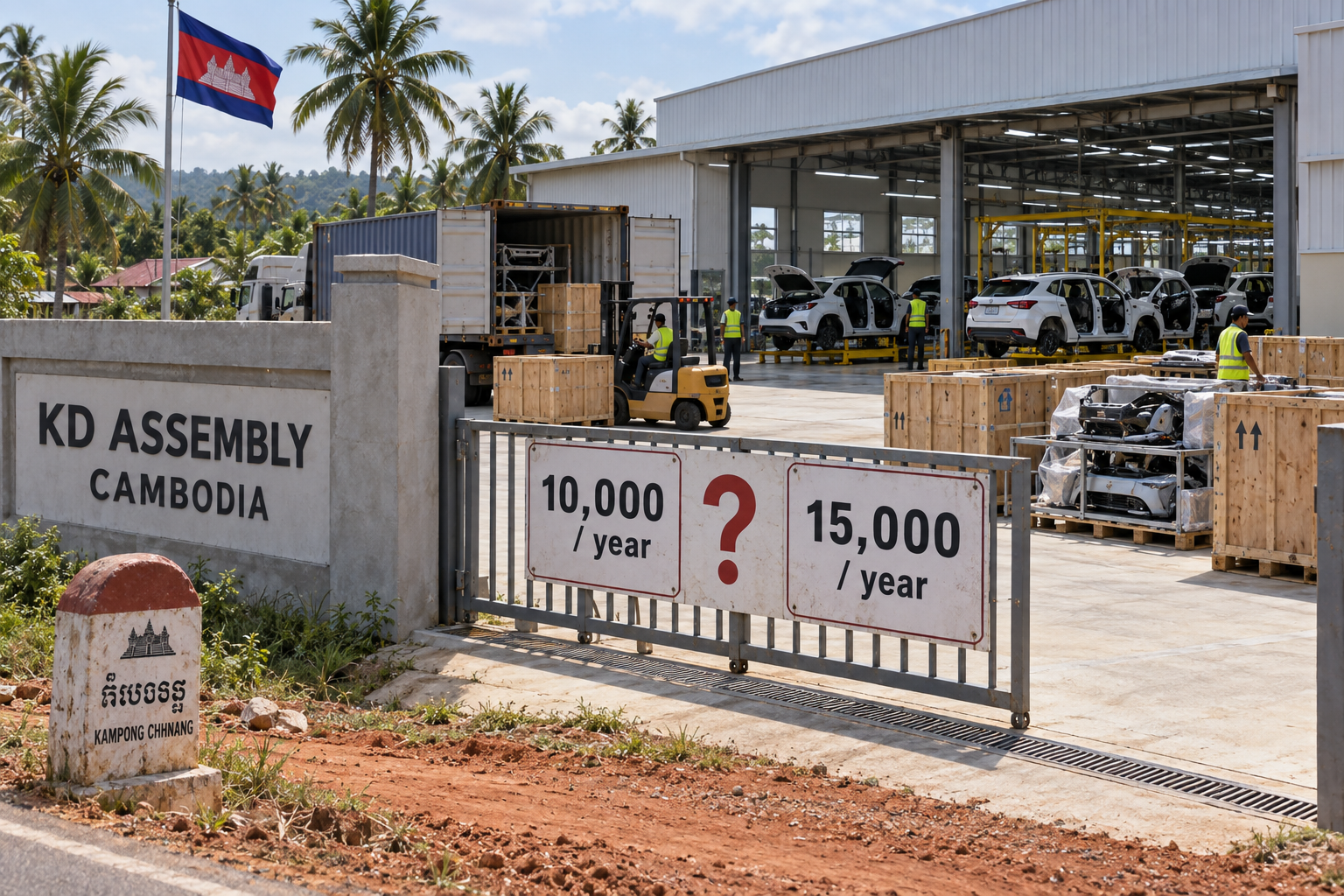 Cambodian KD assembly plant yard with car-kit crates, unbranded SUVs, and conflicting 10,000 versus 15,000 capacity placards at the factory gate.