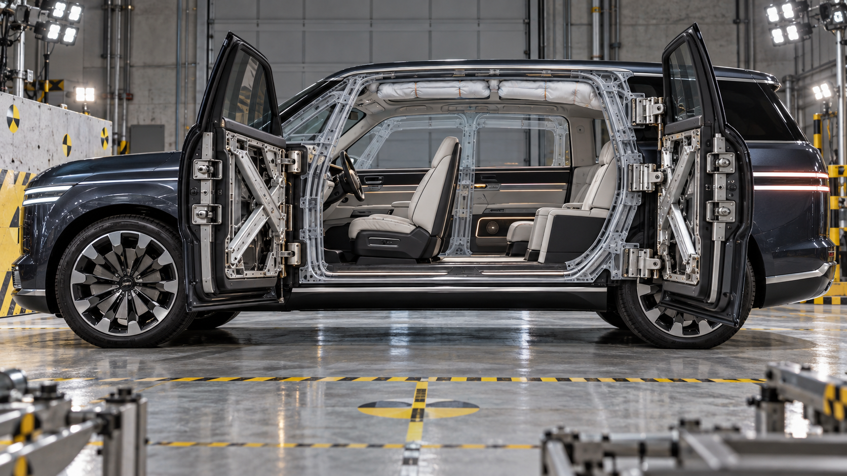 В сервисном боксе показан GV90-подобный SUV с распахнутыми встречными дверями, где вместо видимой средней стойки раскрыты силовые крестовые балки, замки и усиленные петли внутри дв