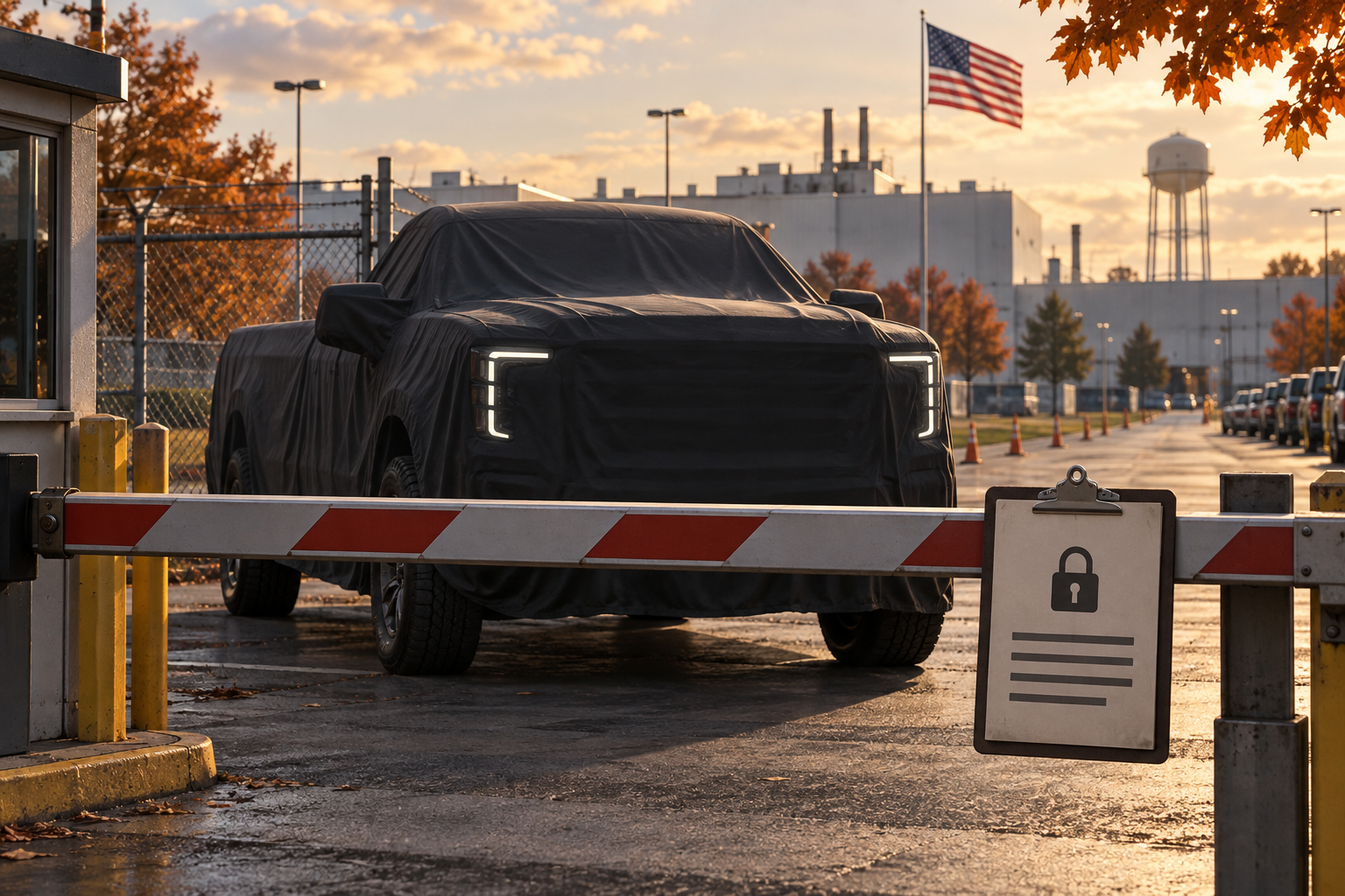 A covered full-size pickup with a vertical front stance waits behind a lowered factory security barrier at an Indiana-style GM plant gate, making the hidden 2027 Sierra details the