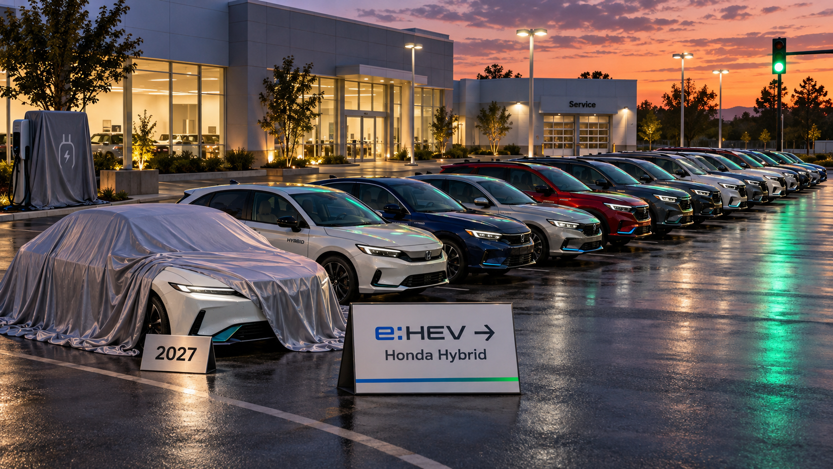 A dealership lot shows fifteen hybrid Honda-like models under a green light, with an e:HEV to Honda Hybrid sign and a covered EV charger pushed aside.