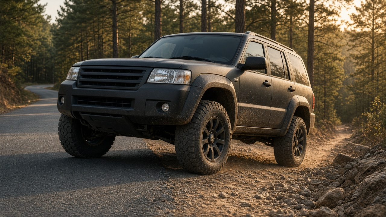 A logo-free rugged SUV with visibly raised ride height and all-terrain tires rolls from pavement onto a gravel forest trail, framing the story as real suspension work—not cosmetic