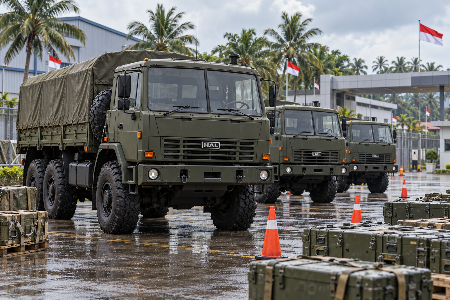 Olive-drab right-hand-drive MAZ-style military trucks with HAL badges sit in a tropical Indonesian staging lot, making the rebranded army shipment clear without the headline.