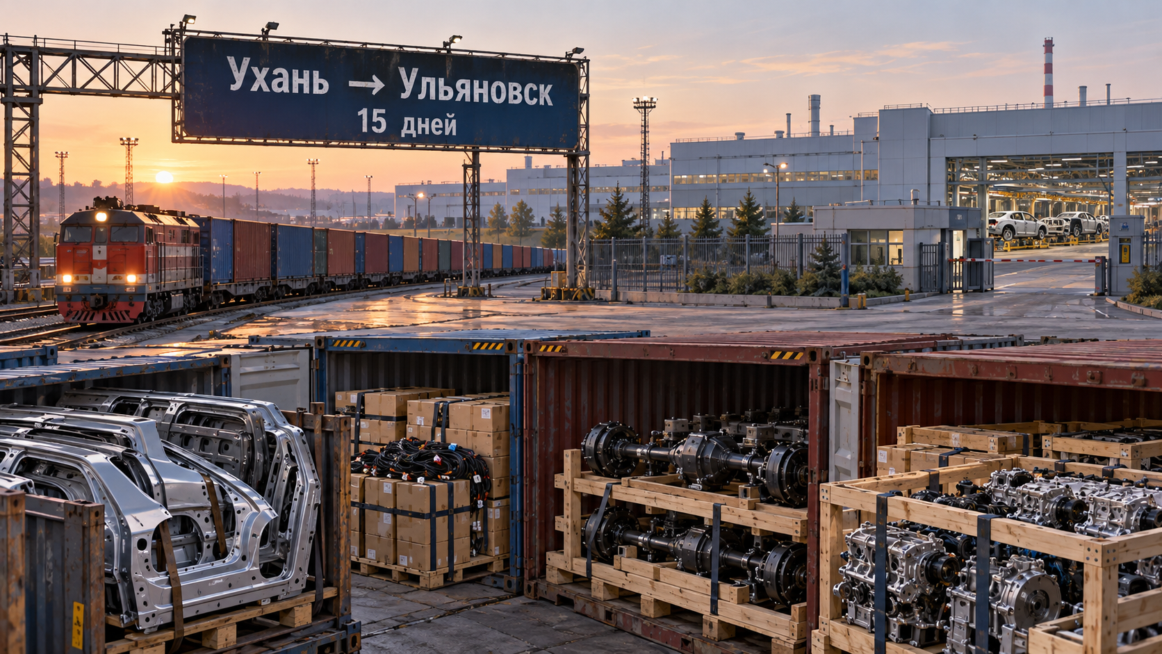 Контейнерный поезд «Ухань → Ульяновск» разгружается у автозаводских ворот среди ящиков с автокомпонентами, подчёркивая прямую логистическую связку Китая и российского автопрома.