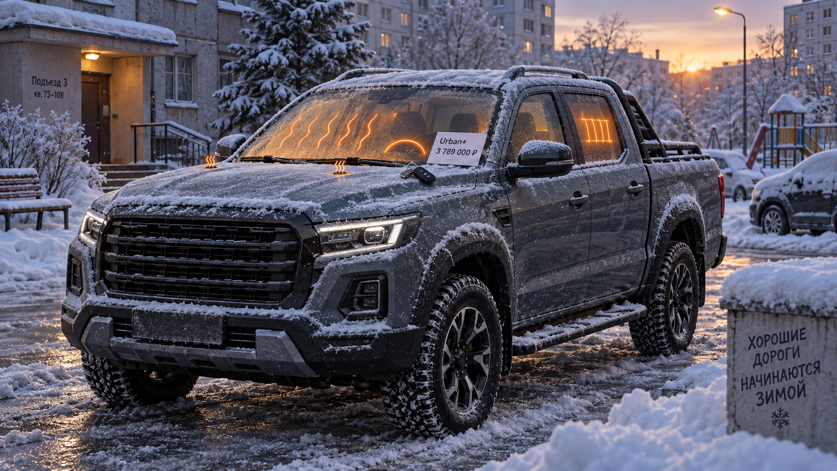 Snowy Russian courtyard pickup with warm heated zones and an Urban+ price card highlights the winter-comfort JAC T9 trim.
