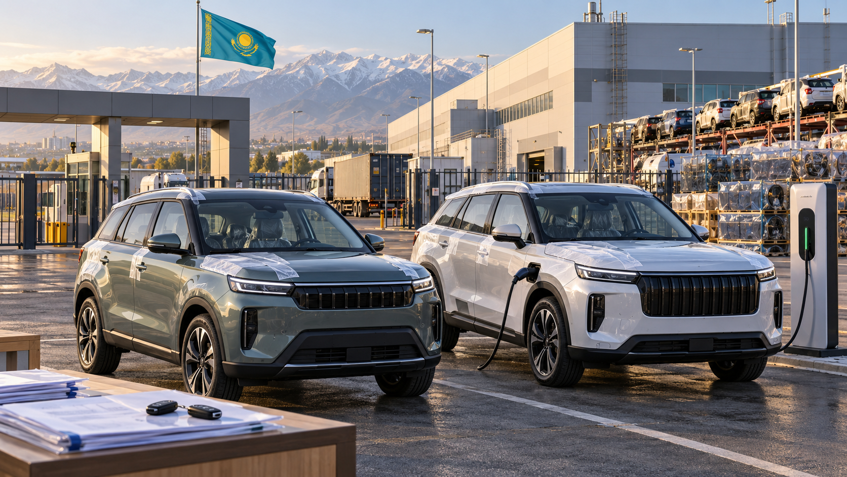 Two locally assembled unbranded crossovers, one charging as a plug-in hybrid, stand at an Almaty factory handover lot with Kazakhstan cues and approval papers to signal the Jaecoo