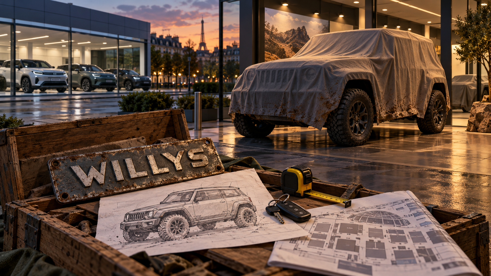 Открытый старый ящик с табличкой WILLYS и эскизом простого внедорожника стоит на европейской дилерской площадке Jeep напротив витрины с безликими китайскими SUV.