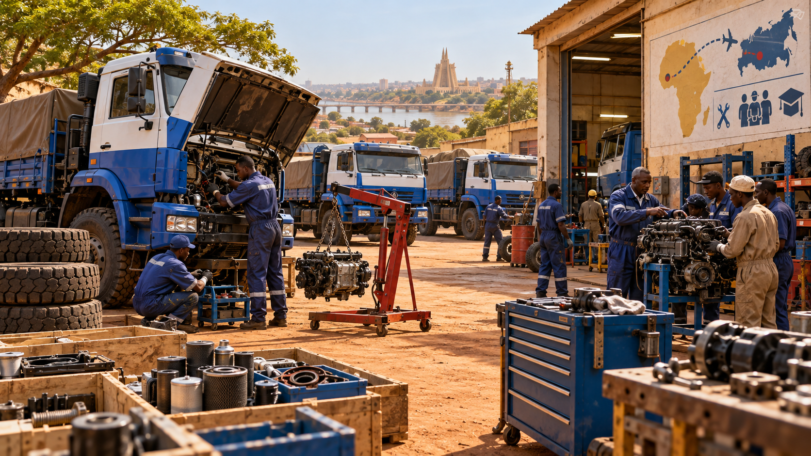 Bamako service yard with KAMAZ-style trucks, spare-parts crates, workshop tools, and a training map linking Mali’s new fleet support base to Kazan.