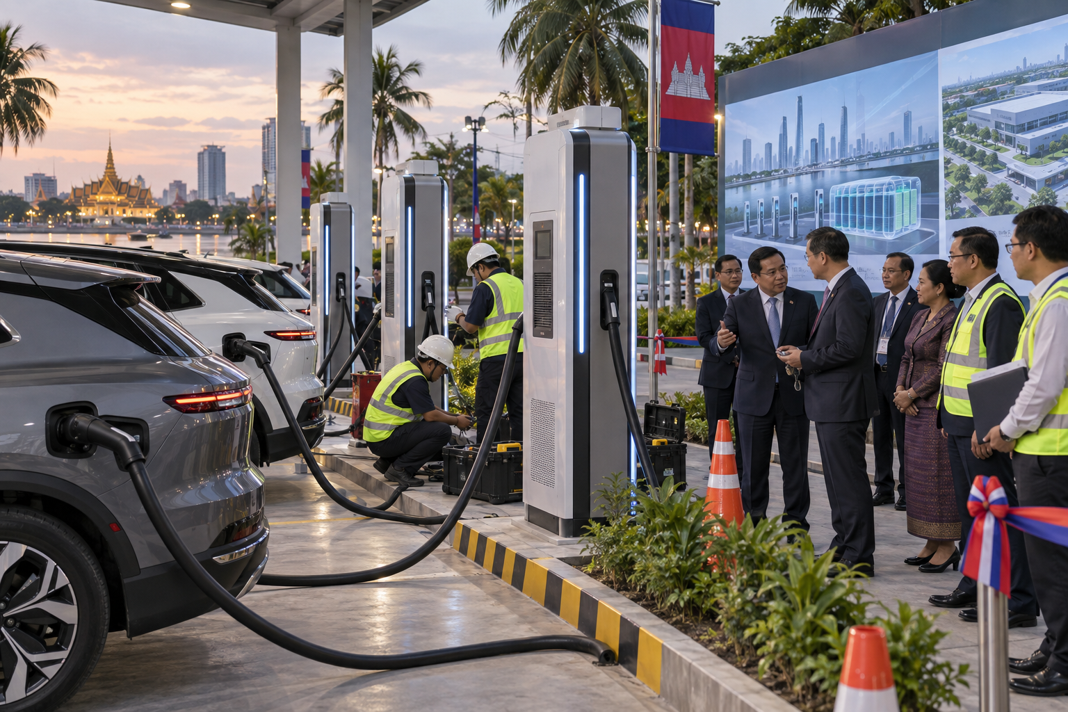 Cambodian EV charging forecourt with unbranded Chinese-style fast chargers, plugged-in electric SUVs, officials inspecting cables, and tropical roadside details ties the story to C