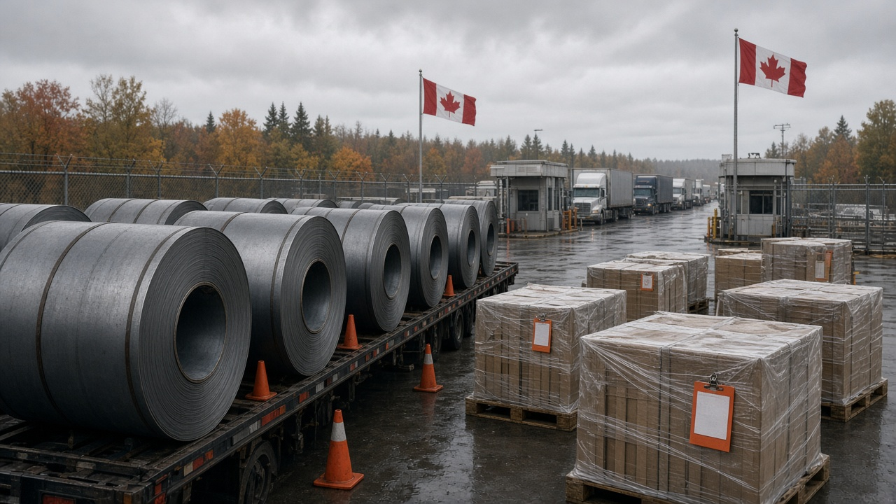 Rolled steel on flatbeds queued at a Canadian border customs yard under maple-leaf flags, turning the $20 billion retaliatory tariff on US goods into a visible checkpoint bill.