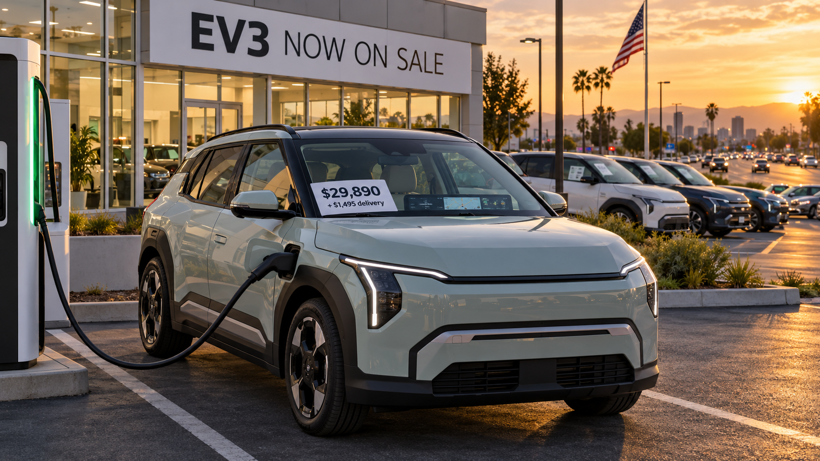 Kia EV3 stands plugged into a fast charger on a U.S. dealership lot with a clear “$29,890 + $1,495 delivery” sale sticker, making the launch and price visible even without the head